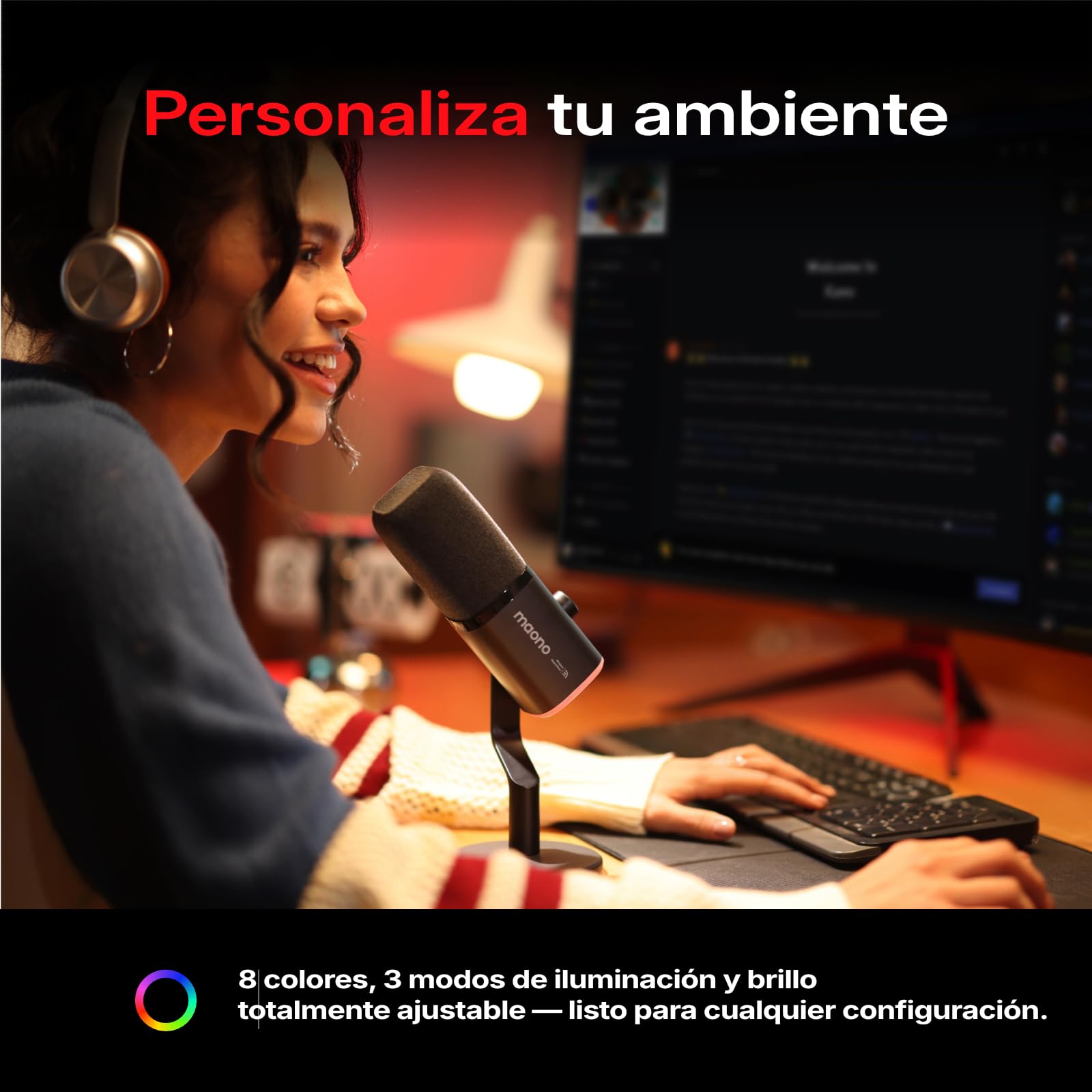 MAONO PD100WS Micrófono Gaming Inalámbrico para PC, Micrófono Dinámico USB con Brazo, 3 Niveles de Reducción de Ruido, RGB, Botón Mute & EQ por Software para Streaming, Podcast & Grabación, Negro