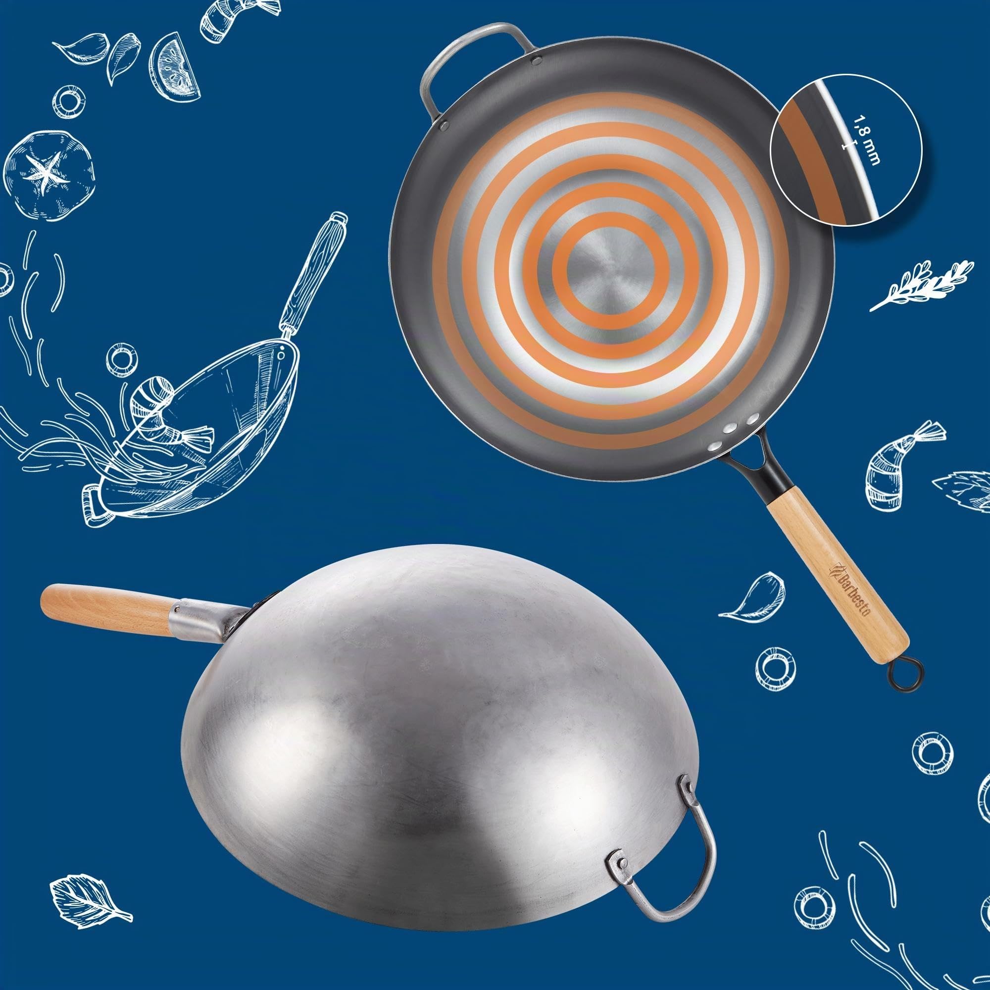 CLP Juego de Wok con libro de recetas y espátula I Sartén Wok de acero al carbono para diferentes tipos de cocina, Forma:plano