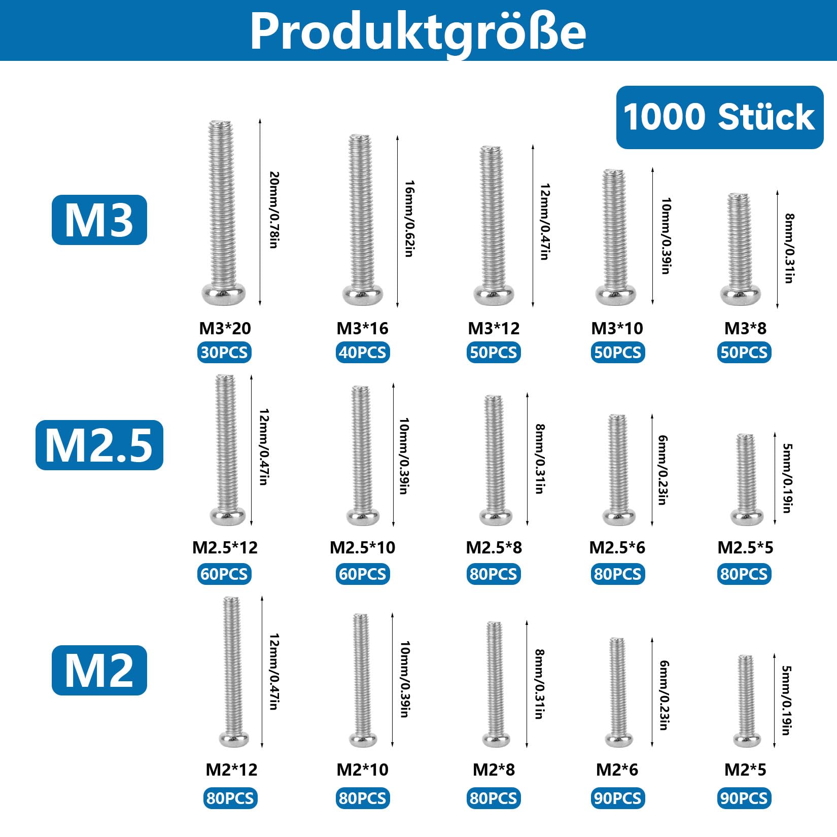 1000 szt. Śruby M2 M2,5 M3, małe śruby do okularów | śruby z łbem stożkowym krzyżowym do dysków SSD, laptopów, komputerów PC