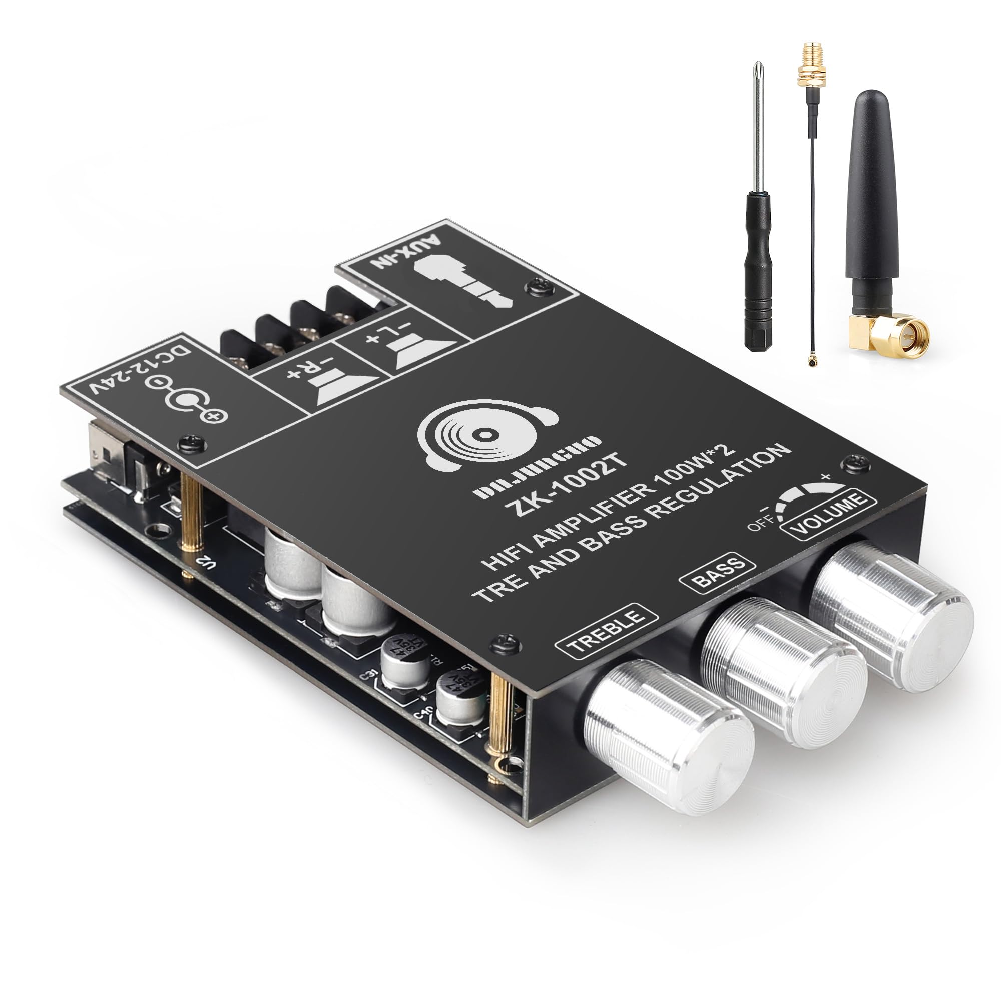 ZK-1002T 200W Amplifier Board with Treble and Bass Control, DC 9-24V, BT and AUX Inputs, 2.0 Channel Stereo AMP Board for DIY Wireless Speakers with Antenna-image-14
