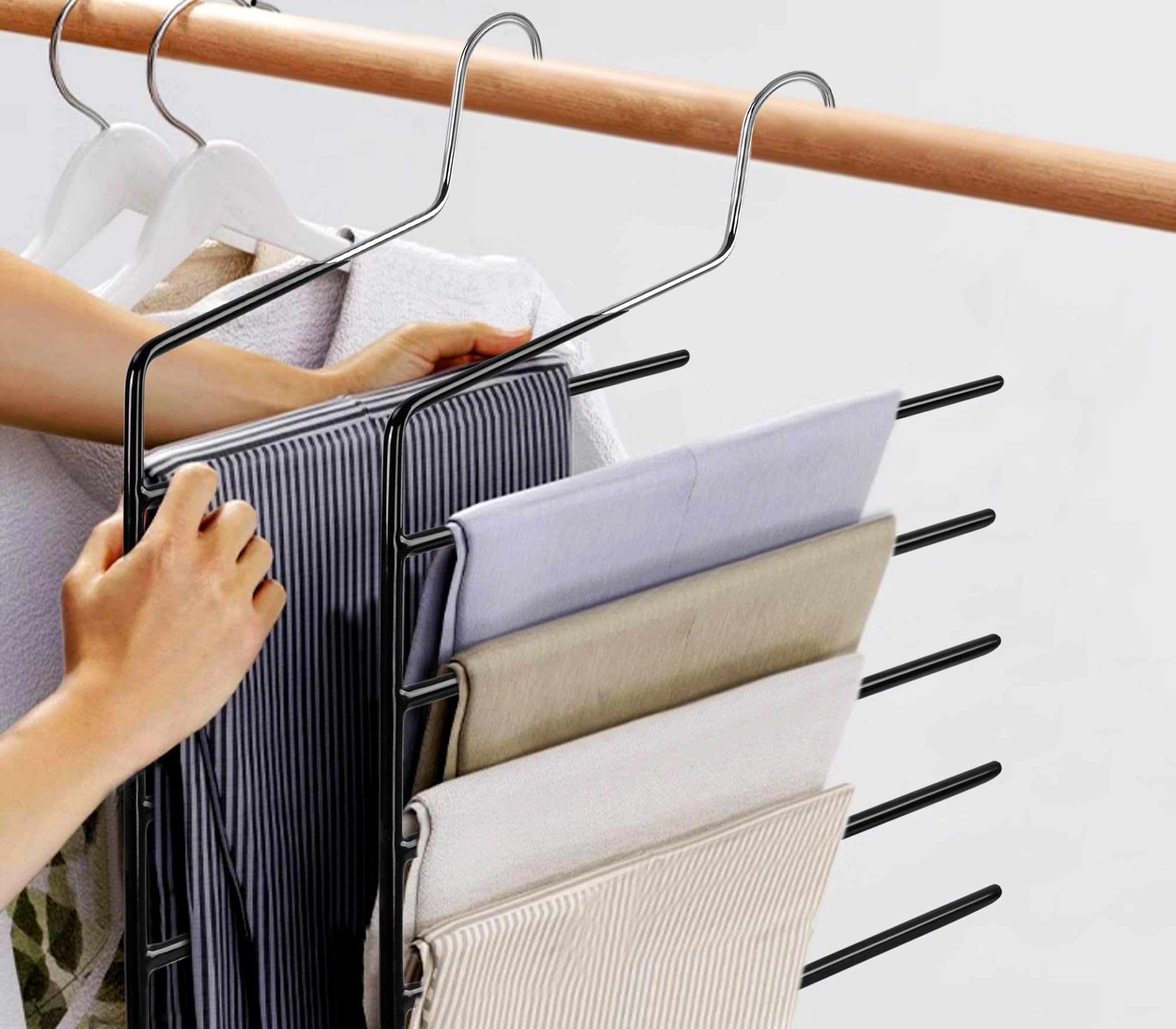 Pack de 4 Perchas para Pantalones, Percha múltiple, 5 Niveles, Ahorrar Espacio, Organizador Perchas, Antideslizante, para Ropa, Vaqueros, Corbatas, Bufandas, Vestidos, Toallas