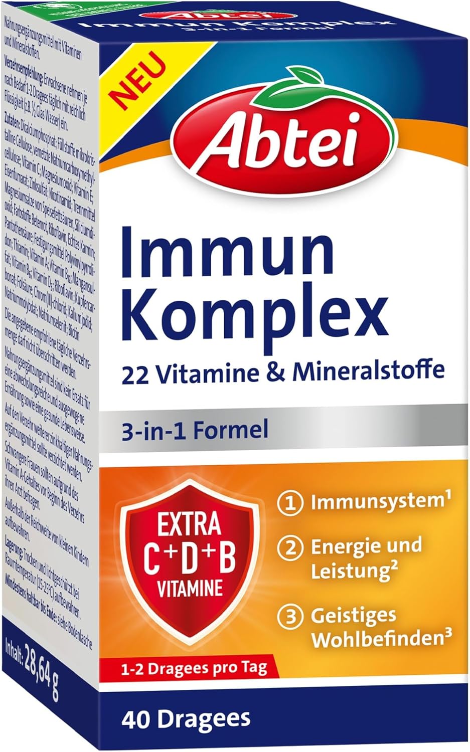 Abtei Immune Complex – Nutrient Complex with 22 Vitamins and Minerals – 3-in-1 Formula for Immune System, Energy and Mental Wellbeing – Gluten Free, Gelatine Free & Lactose Free – 1 x 40 Dragee