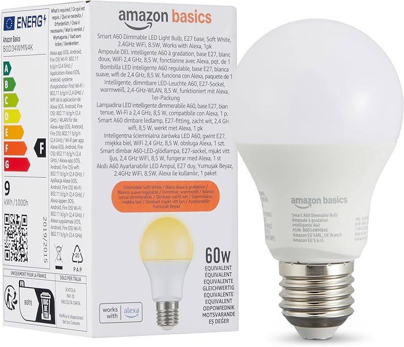 Amazon Basics Lot de 1 ampoule LED intelligente à intensité variable, E27, 8W (60W Equivalent), Fonc