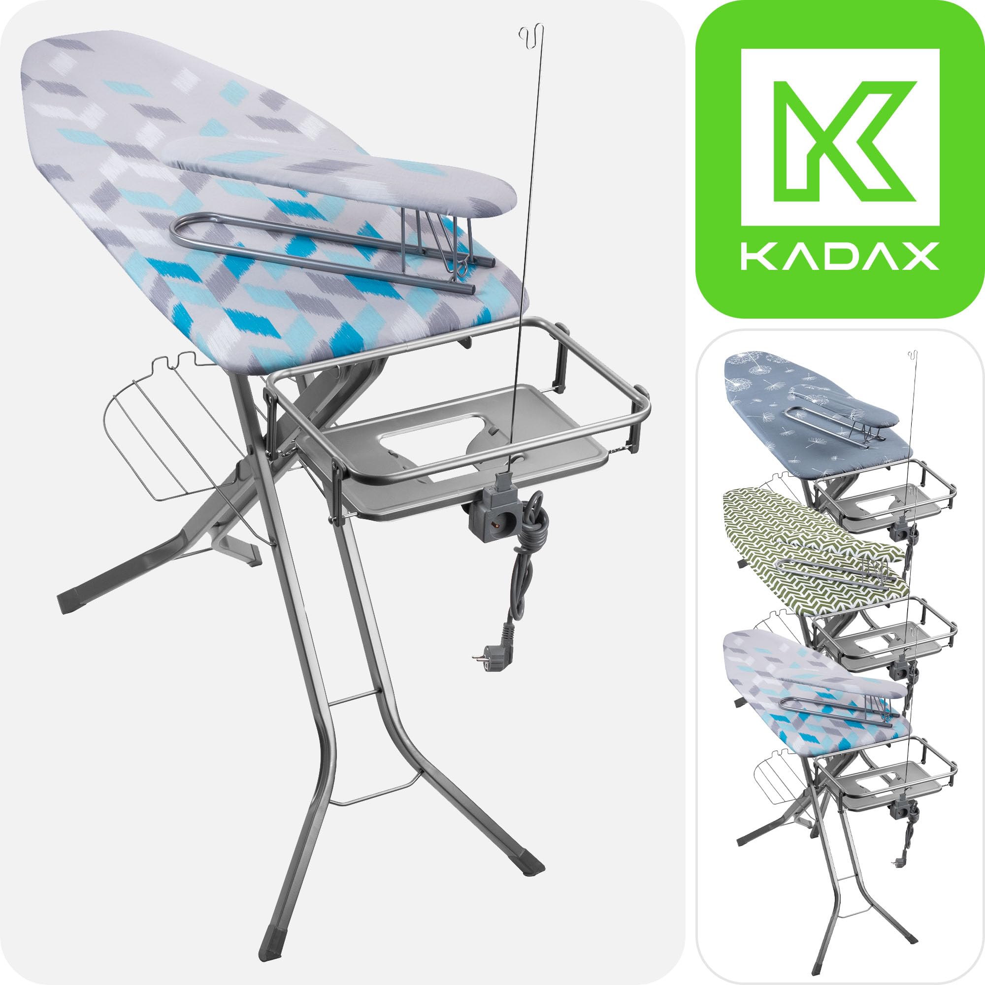 KADAX Tabla de Planchar Plegable con Enchufe, Altura Regulable, Funda Removible, Mesa para Planchar Mangas y Soporte para Plancha y Cable (Azul Claro)