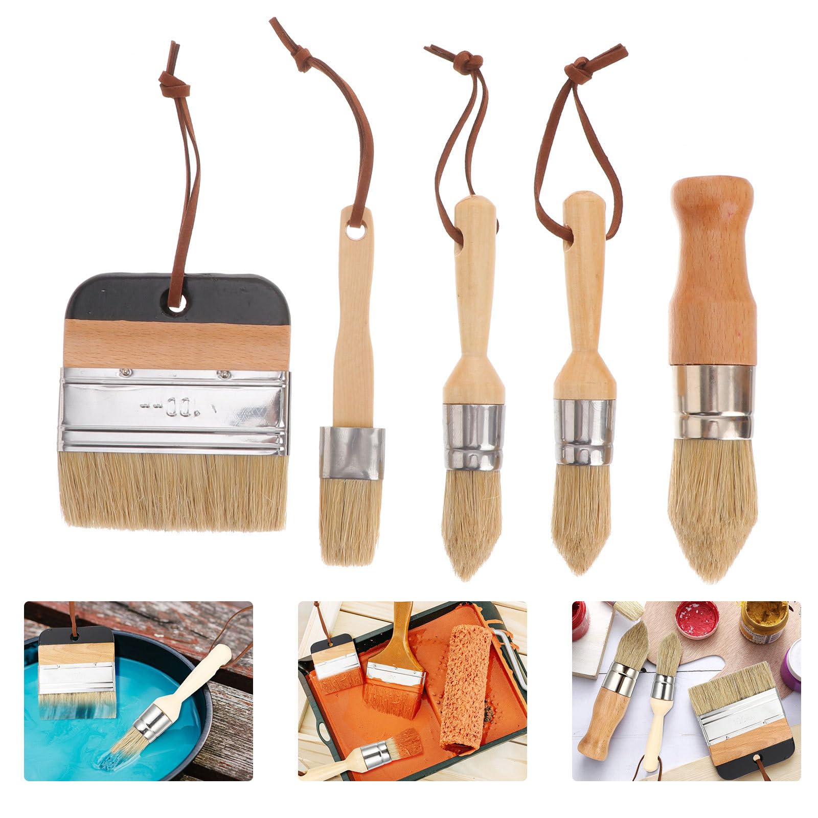 VILLCASE Set de Pinceaux Peinture à Poils de Sanglier Manche en Bois Lot de 5 Robuste Peinture de Plafonds et Meubles, Lanières en Cuir Suspendre