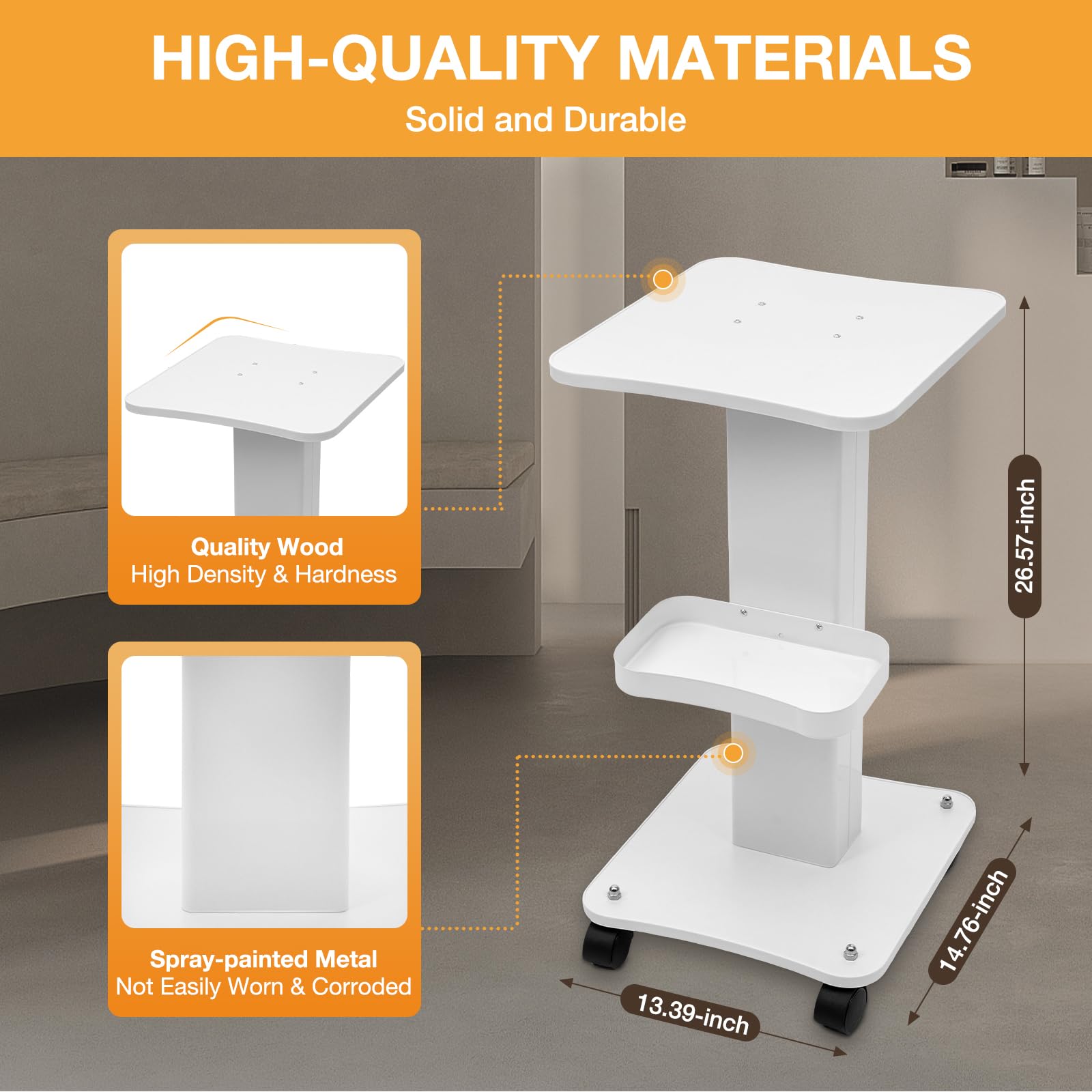 Carro cosmético Beauty Salon Trolley con 4 ruedas, bandeja para peluquería móvil, soporte para spa, soporte blanco, 60 kg, con compartimento y ruedas universales silenciosas