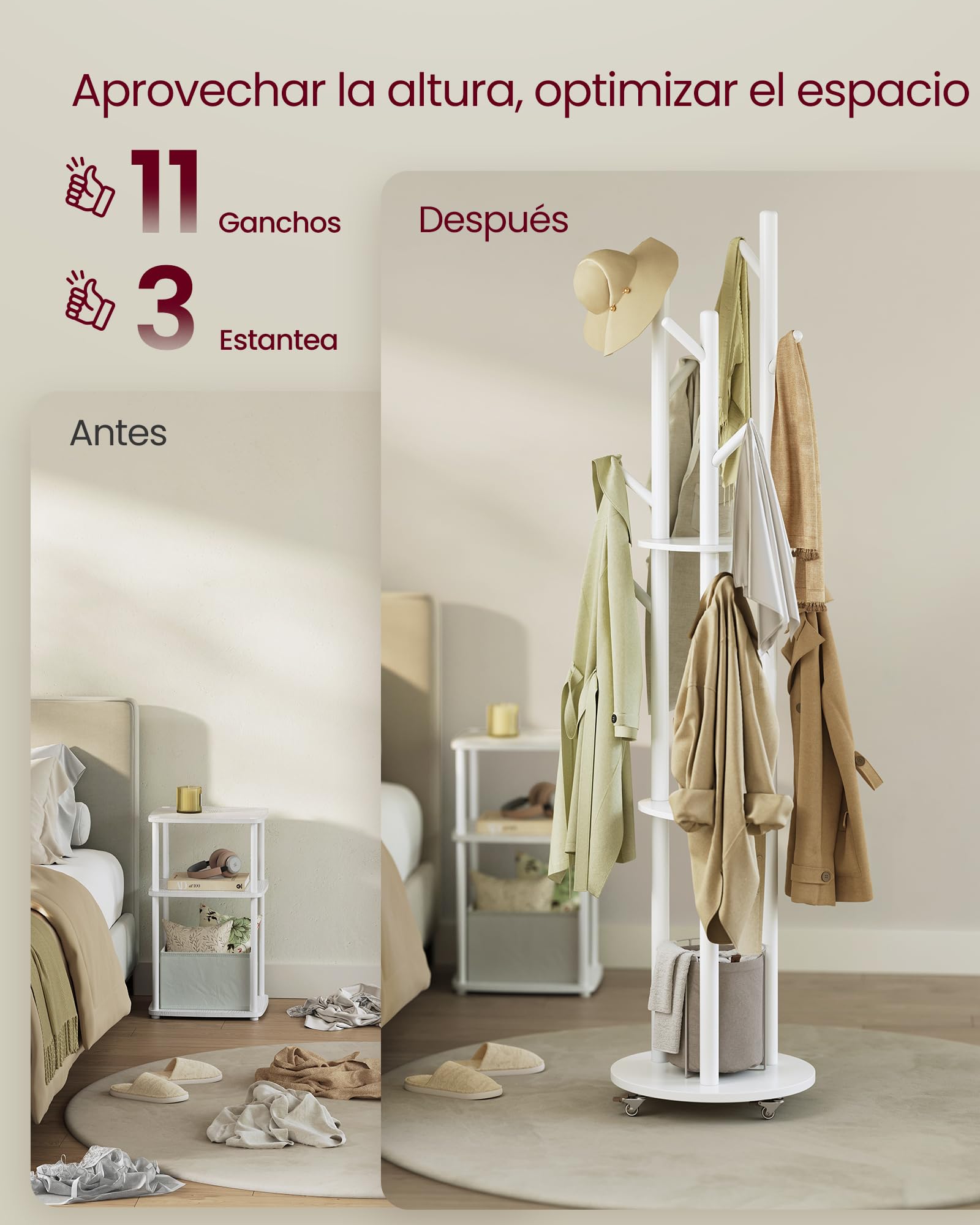 VASAGLE Perchero de Pie, Perchero con 11 Ganchos y 3 Estantes, 4 Ruedas Giratorias de 360° y Extraíbles, Ganchos y Postes de Madera, para Entrada Dormitorio Salón, Blanco Nube RCR023W01