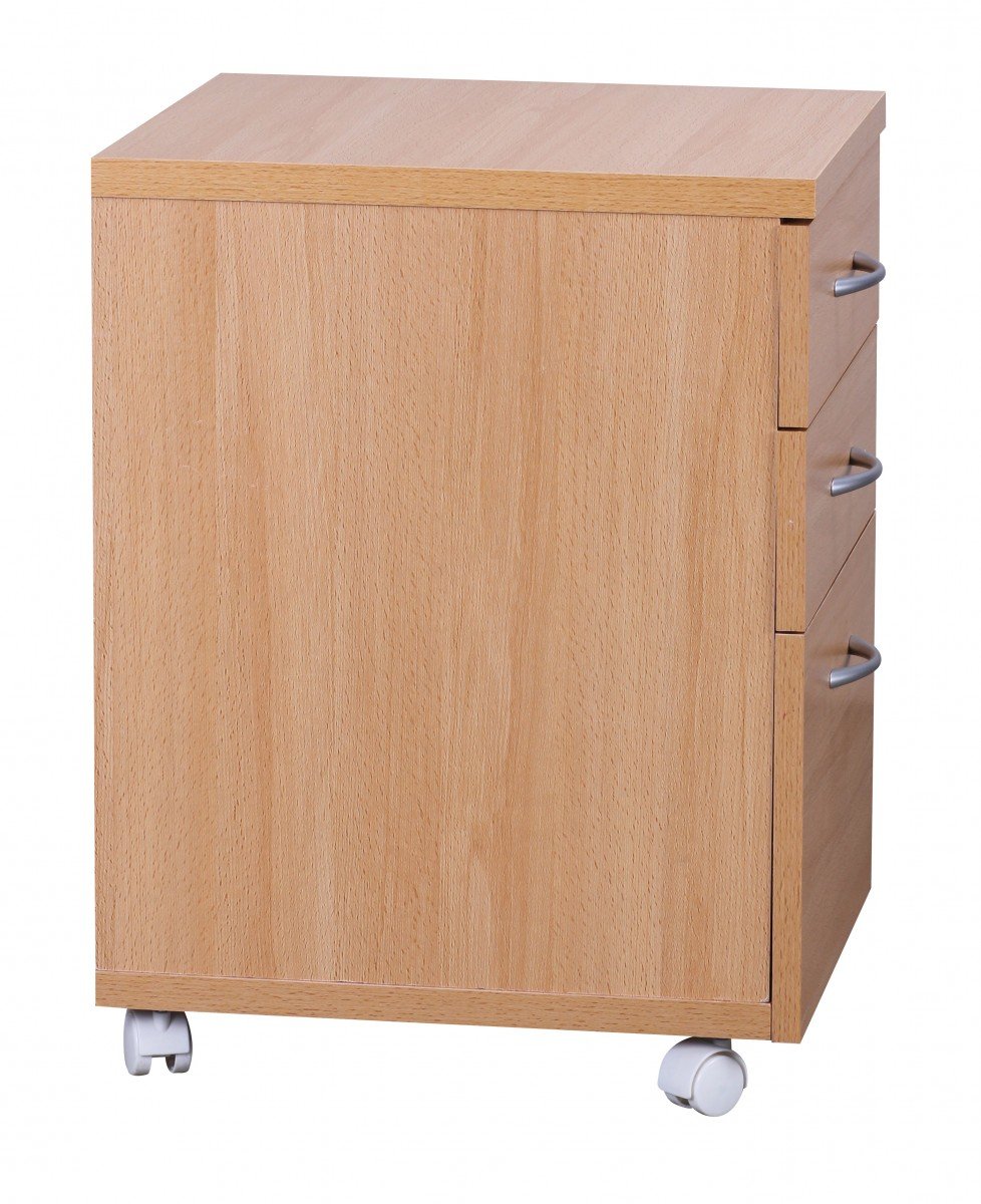 WOHNLING Cassettiera con Ruote Ottawa 40x45x60 cm Faggio con Cassetti | carrello con maniglie in effetto alluminio, mobile basso per scrivania, cassettiera da ufficio compatto, carrello estetica