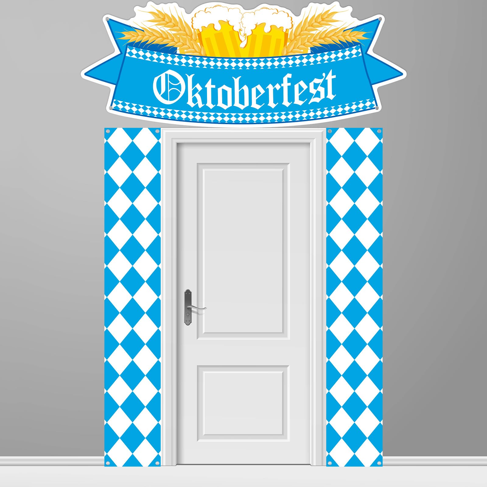 3Pcs Oktoberfest Party Porch Banner October Festival Decorations Oktoberfest Bavarian Door Hanging Decoration Blue and White Bavarian Check Flag Porch Sign Backdrop for German Party Indoor Outdoor