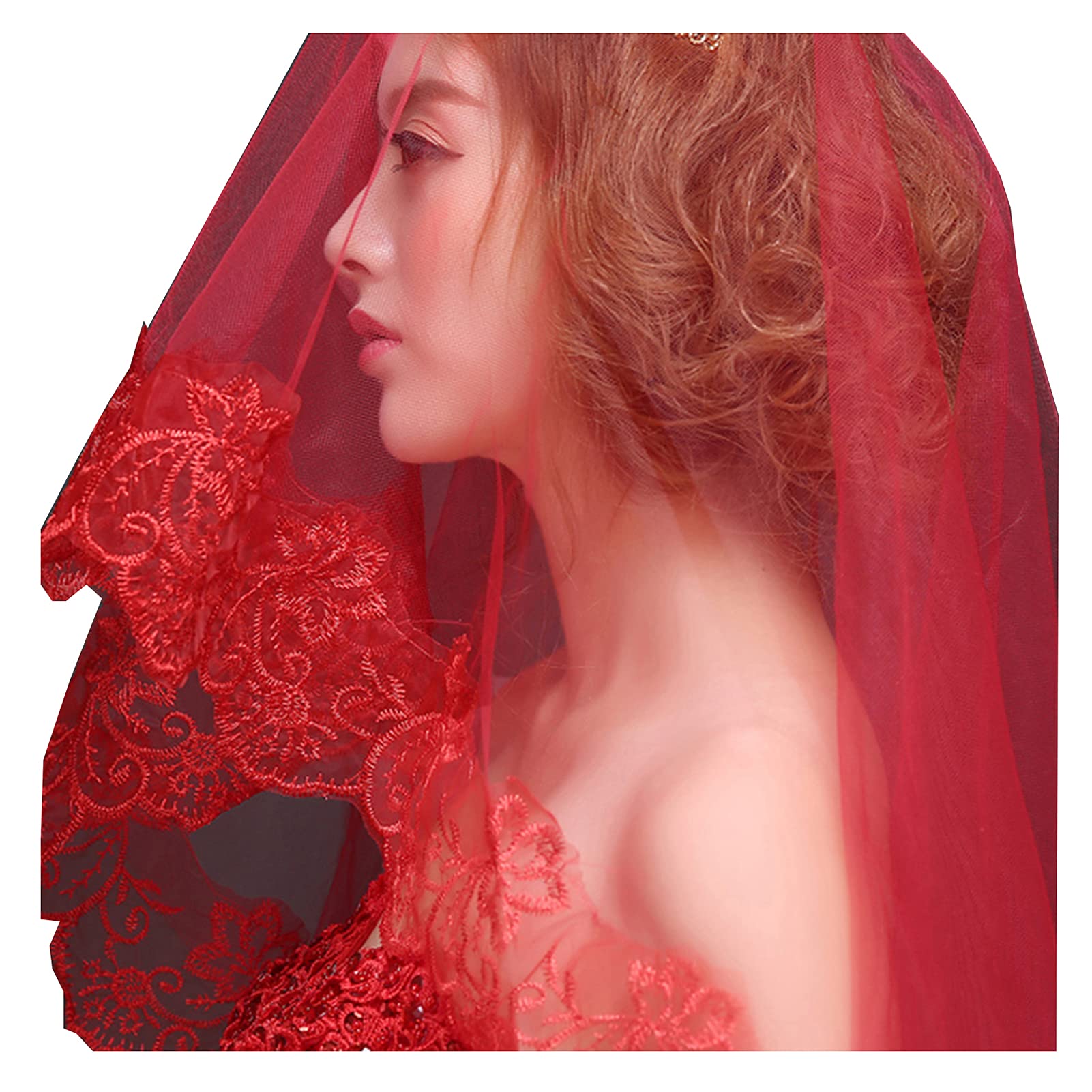 XIAOXIAOVeil Bride Veil Wedding Veil for The Bride Single Layer Wedding Headdress Bridal Veil Lace Bridal Supplies 1.5m(Color:red)