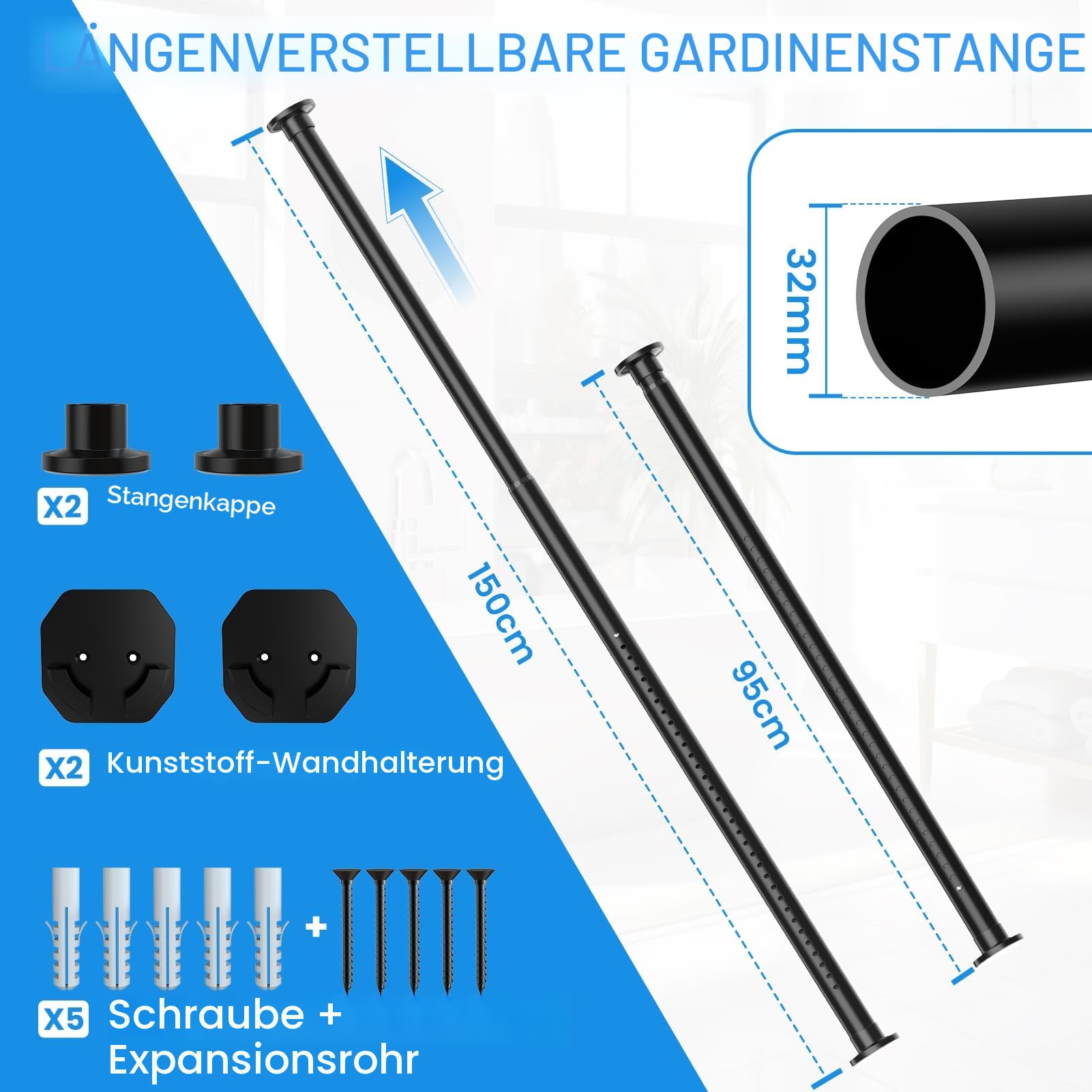 WELDUN Gardinenstange ohne Bohren 98-150cm Vorhangstange ohne Bohren Φ32mm Duschvorhangstange inkl 2 Wandsockel Teleskopstange Klemmstange für Badezimmer und Fenster Kleiderstange Schrank Schwarz