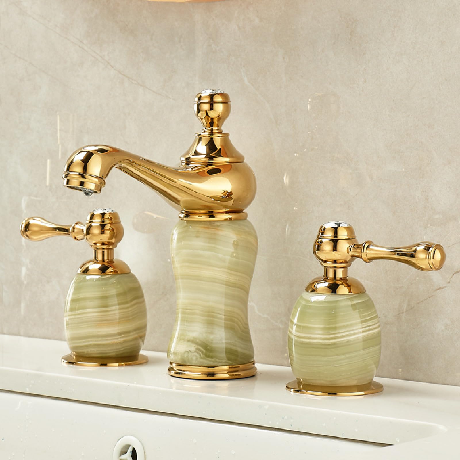 Fanjubei Jade Stone: Golden Bathroom Bronze, Marble, Jade Three-Hole Faucet