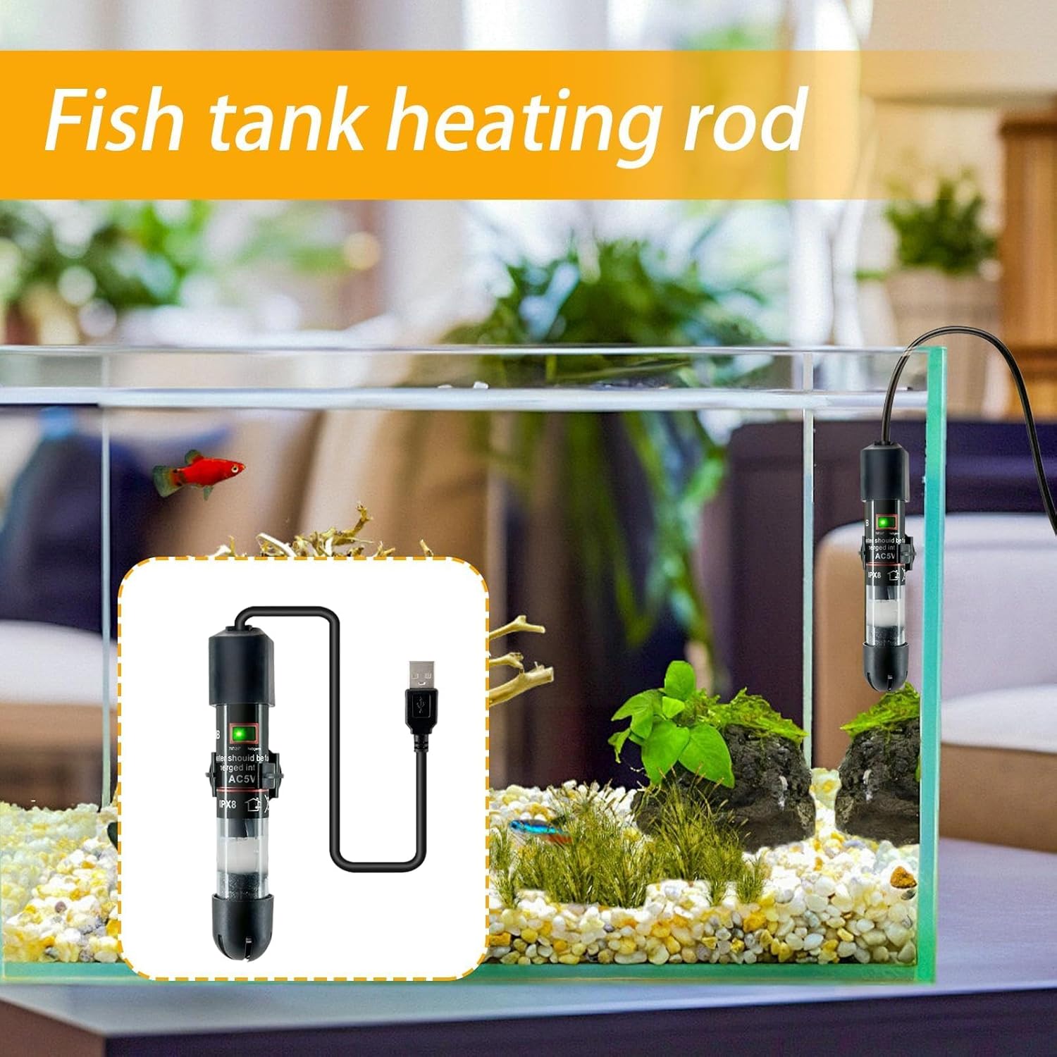 Fish Tank Heater - Precision Temperature Control Waterproof,USB Aquarium Water,for Koi Turtle Hermit Crab Living Room Bedroom Study Apartment Dorm