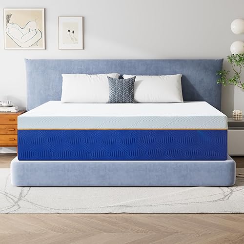 10 Inch Queen Memory Foam Mattress, Cooling Gel Infused Medium Firm Support Mattress for Kids and Adults, Breathable Pressure Relief, Fiberglass Free, 75''L x 54''W, Blue