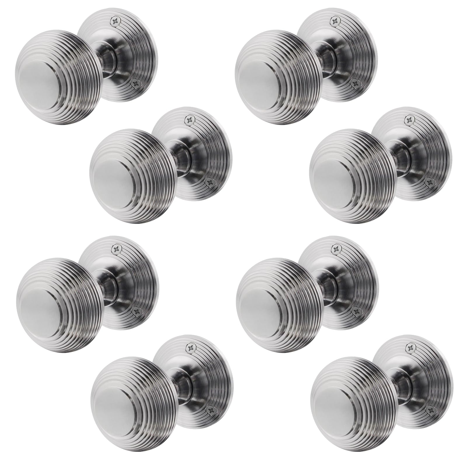 EAI Beehive Door Knobs Satin Chrome | 4 Pairs of Reeded Mortice Knobs (55mm) for Internal Doors