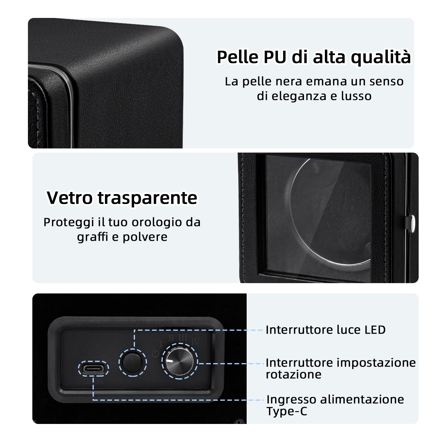 Mcbazel Carica Orologi Automatico Rotante, Elegante Scatola Carica Orologi Automatica Singola con Motore Silenzioso, 4 Modalità di Rotazione, Scatola Rettangolare in Pelle PU con Luce LED – Nero