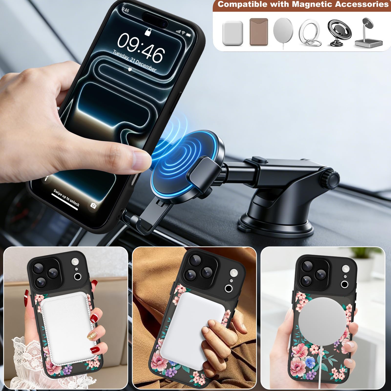 Custodia magnetica per iPhone 17 Pro, compatibile con Magsafe, graziose foglie floreali per donne e ragazze, protezione completa della fotocamera, sottile, antiurto, traslucida, opaca, nera
