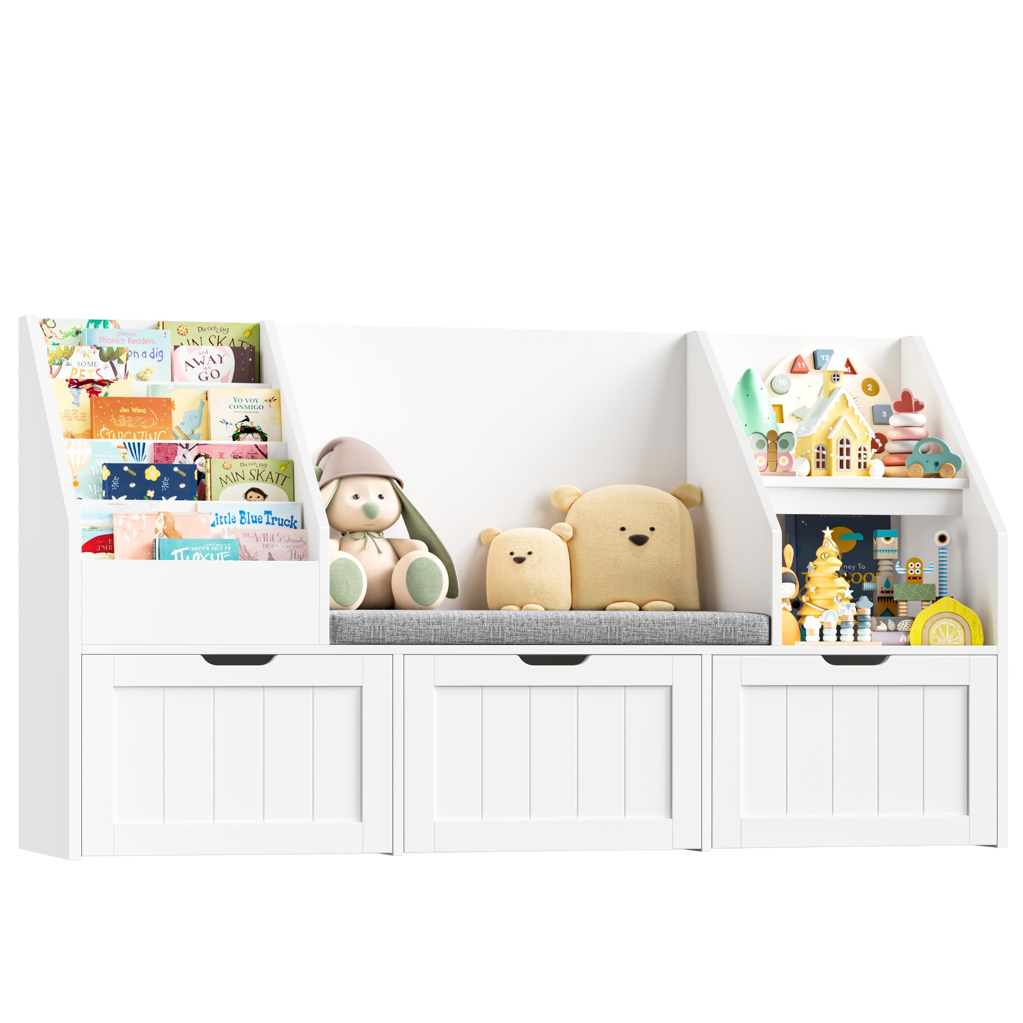 FOREHILL 183 cm breed kinderrek met zitbank, kindermeubel met 3 opbergdozen voor speelgoed, boekenplank voor kinderen met 3 niveaus, rek voor kinderkamer, leeshoek, 183,5 x 94,5 x 29,8 cm, wit