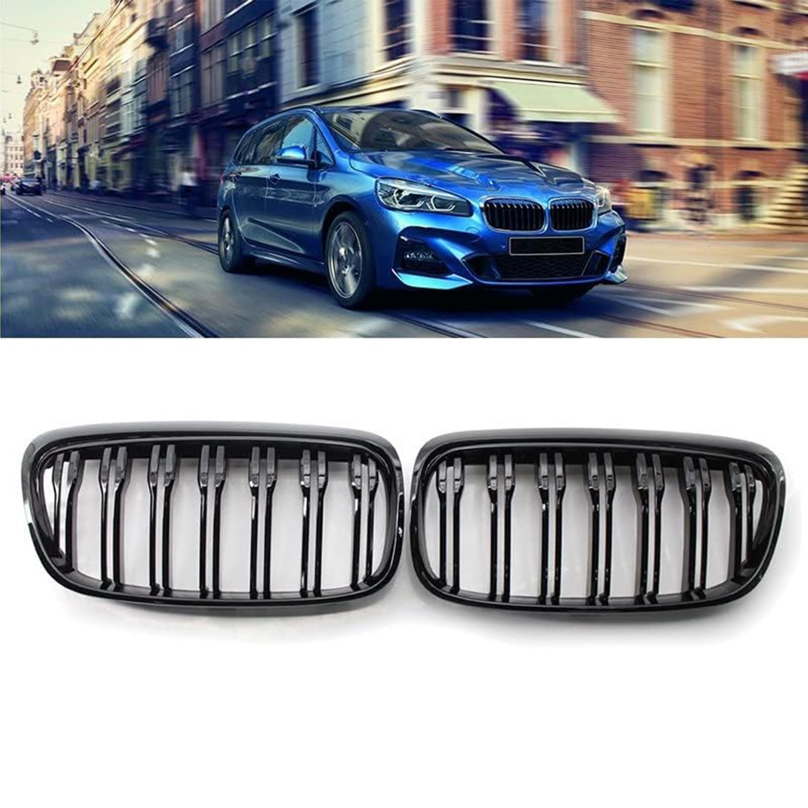 F45 Kühlergrill für BMW 2er F45 218i 220i Touring Nieren Doppelsteg Sport Kühlergrill Glanz Schwarz 2014 2015 2016 2017 2018