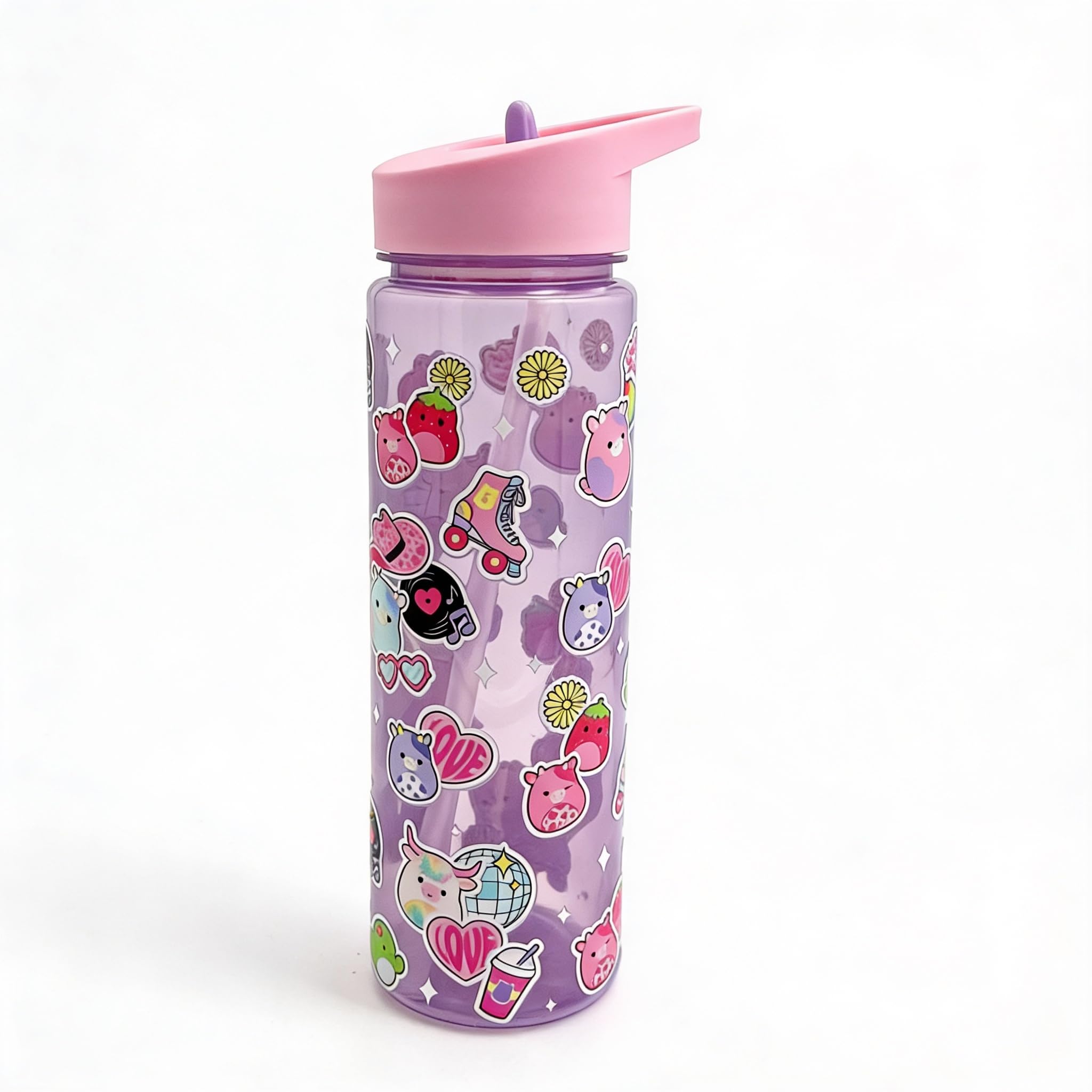 Squishmallows 600ml Leak Proof Water Bottle with Flip Straw Lid, BPA Free Kids Drinks Bottle with Carry Loop, Removable Straw Cute Pastel Squishmallows Style Bottle for School Travel Sports