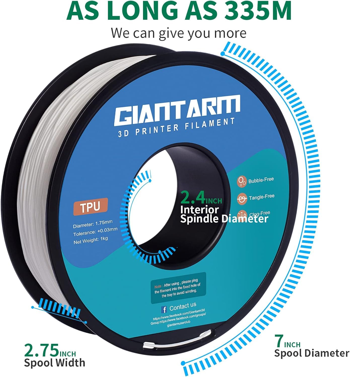 TPU Filamento per stampante 3D, Filamento TPU GIANTARM 1,75 mm, precisione dimensionale +/- 0,02 mm,1 kg, Bianco