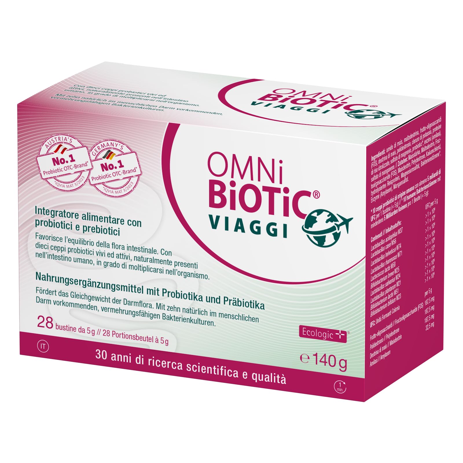 OMNi BiOTiC VIAGGI | Polvere | Con 10 Ceppi Probiotici | | Per una vacanza tranquilla | VEGANO | Senza OGM | 28 Bustine da 5g