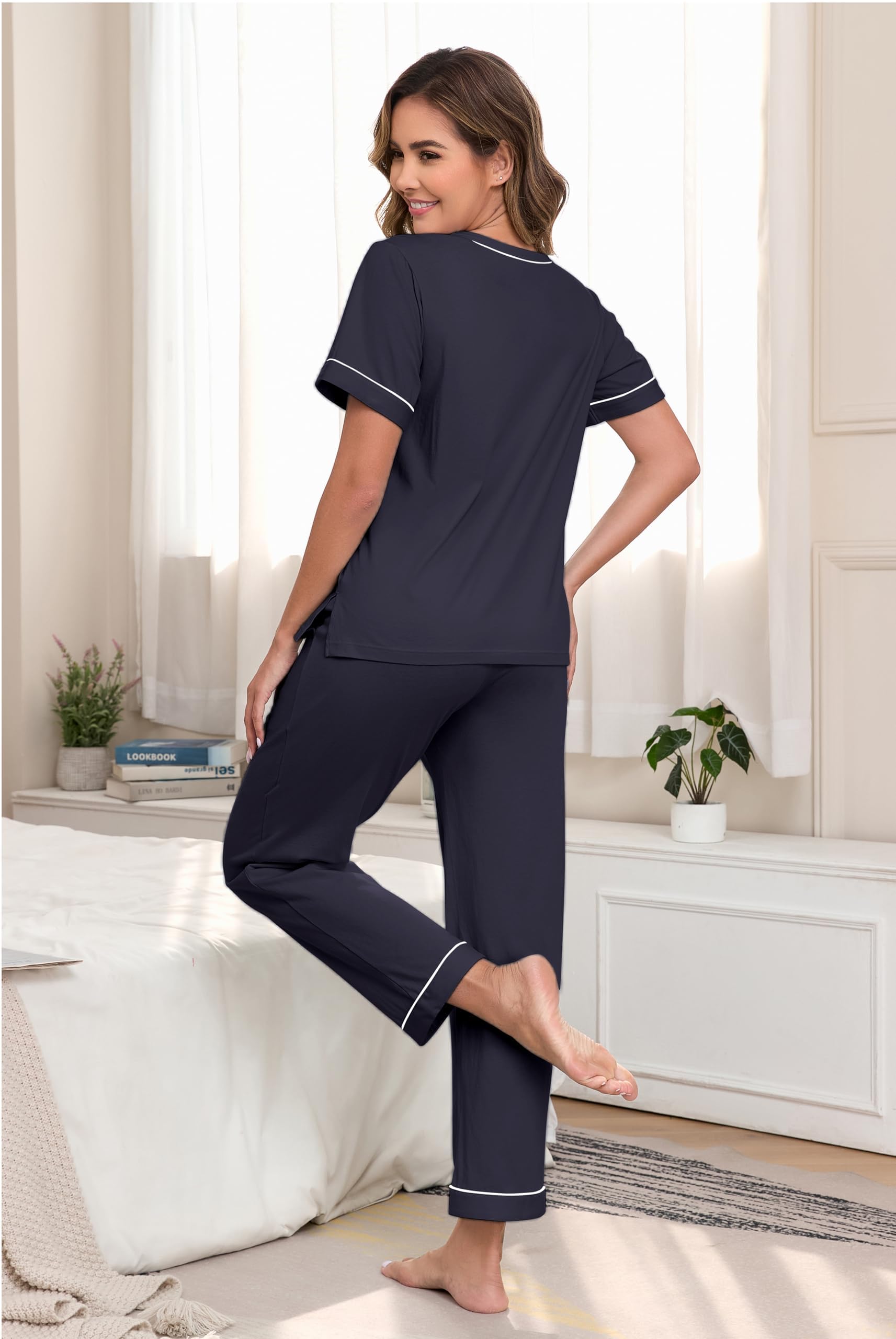 ANLIQI 100% Baumwolle Damen Schlafanzug Set Sommer leicht Kurzarm V-Ausschnitt Freizeit Schlafanzug mit Hose