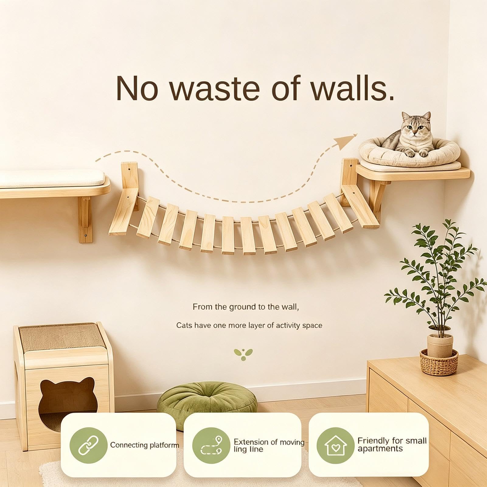 Wooden Cat Wall Shelf with Hanging Bridge for Indoor Kittens and Cats