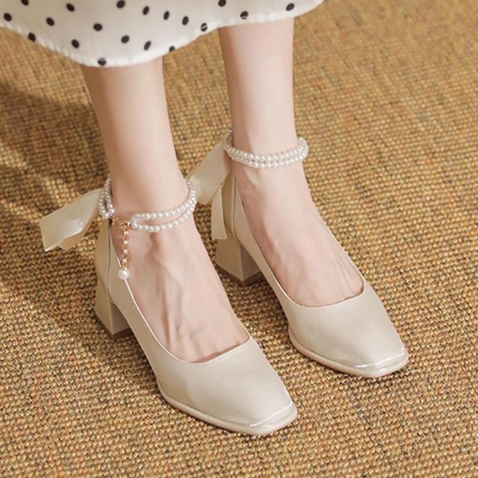Generico Scarpe da Sposa in Raso da Donna con Cinturino di Perle | Punta Quadrata DéColleté Da Vestito, Tacchi A Blocco Scarpe Da Ballo Per Feste, Cinturino Alla Caviglia Scarpe Da Sposa