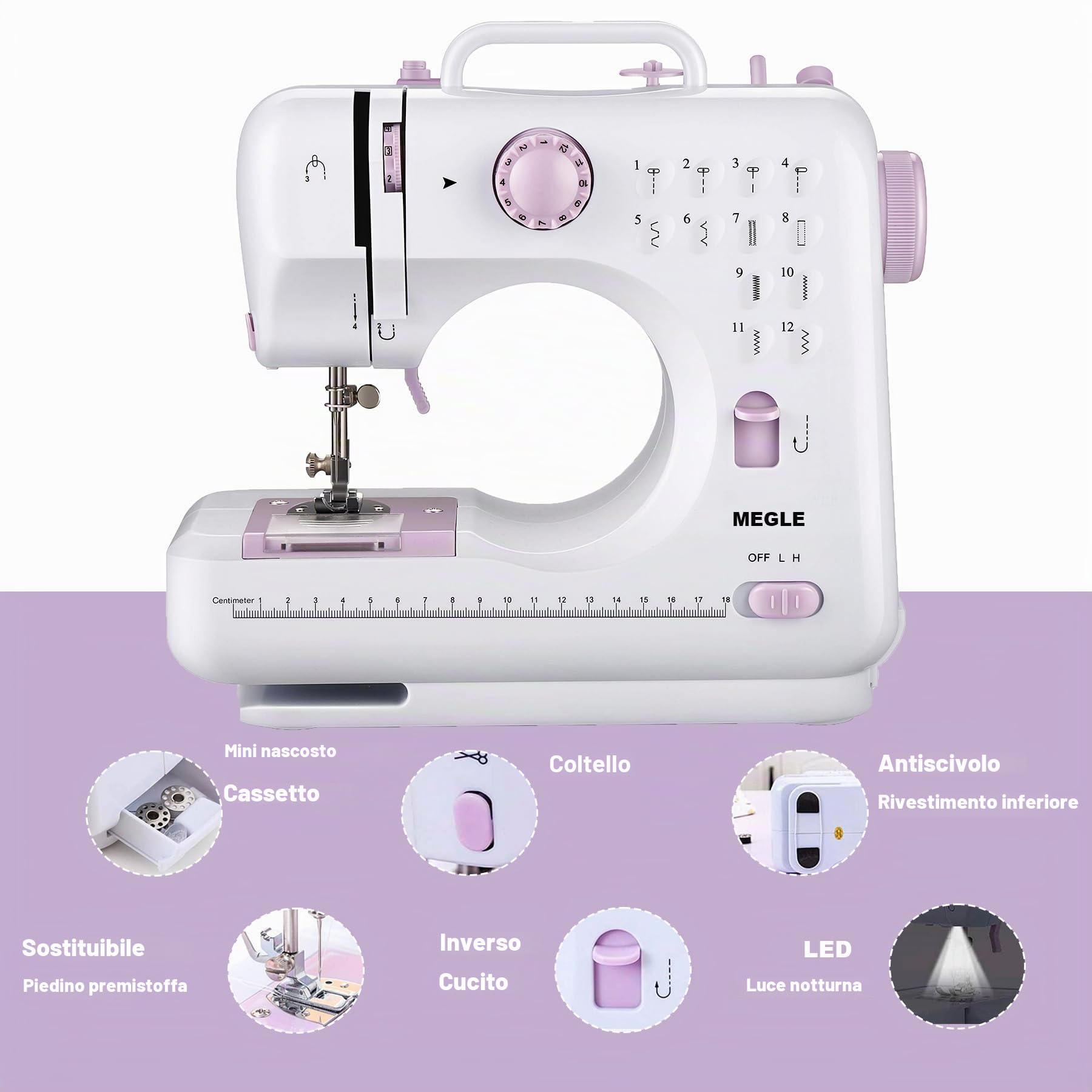 Macchina da cucire per principianti, macchina da cucire domestica multifunzionale, pedale, guida rapida, risoluzione automatica del filo, doppio filo e doppia velocità, 12 punti integrati, MEGLE FHSM