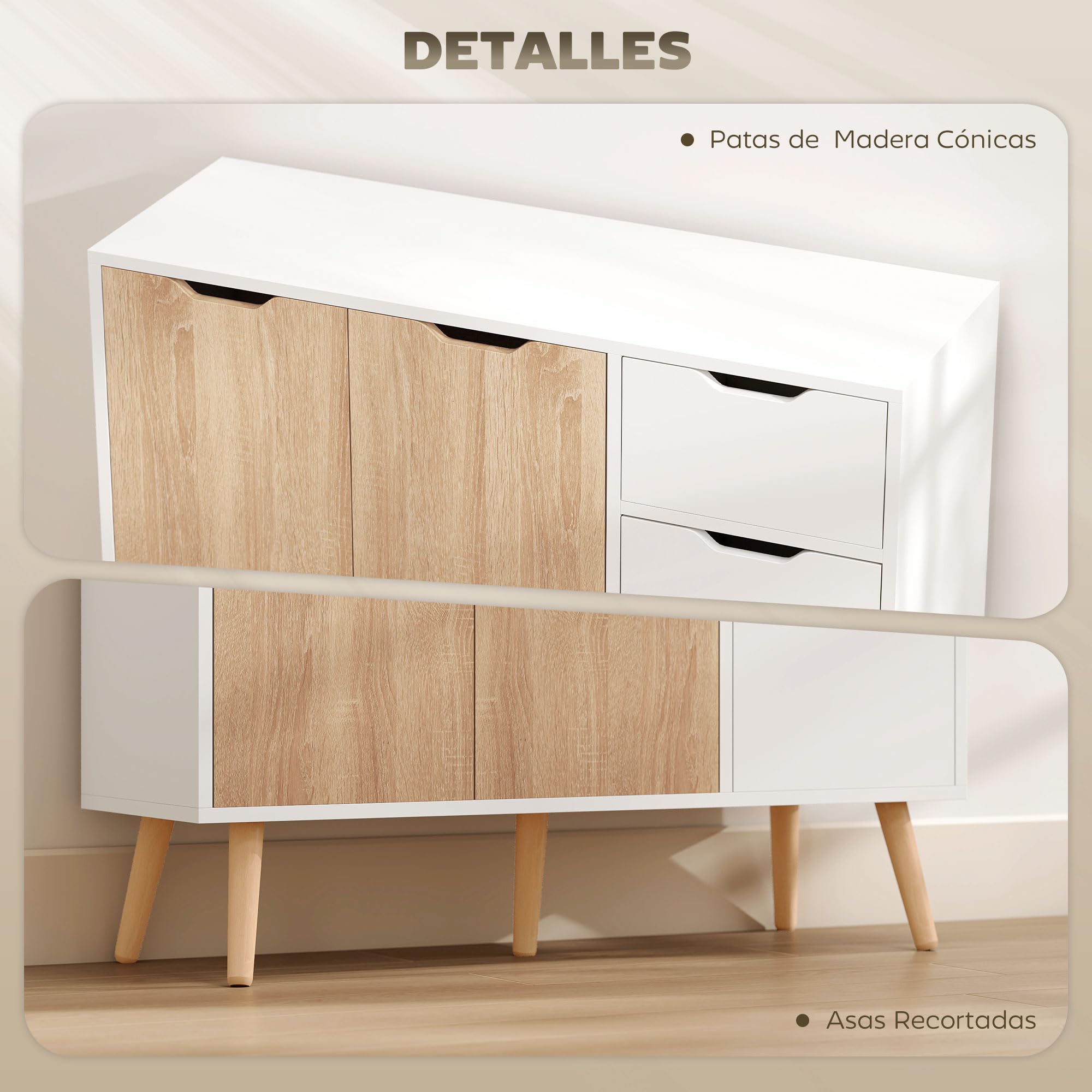 HOMCOM Aparador Moderno Aparador para Salón con 3 Puertas y Cajón Mueble Auxiliar para Salón Cocina Dormitorio 90x30x72 cm Blanco y Natural