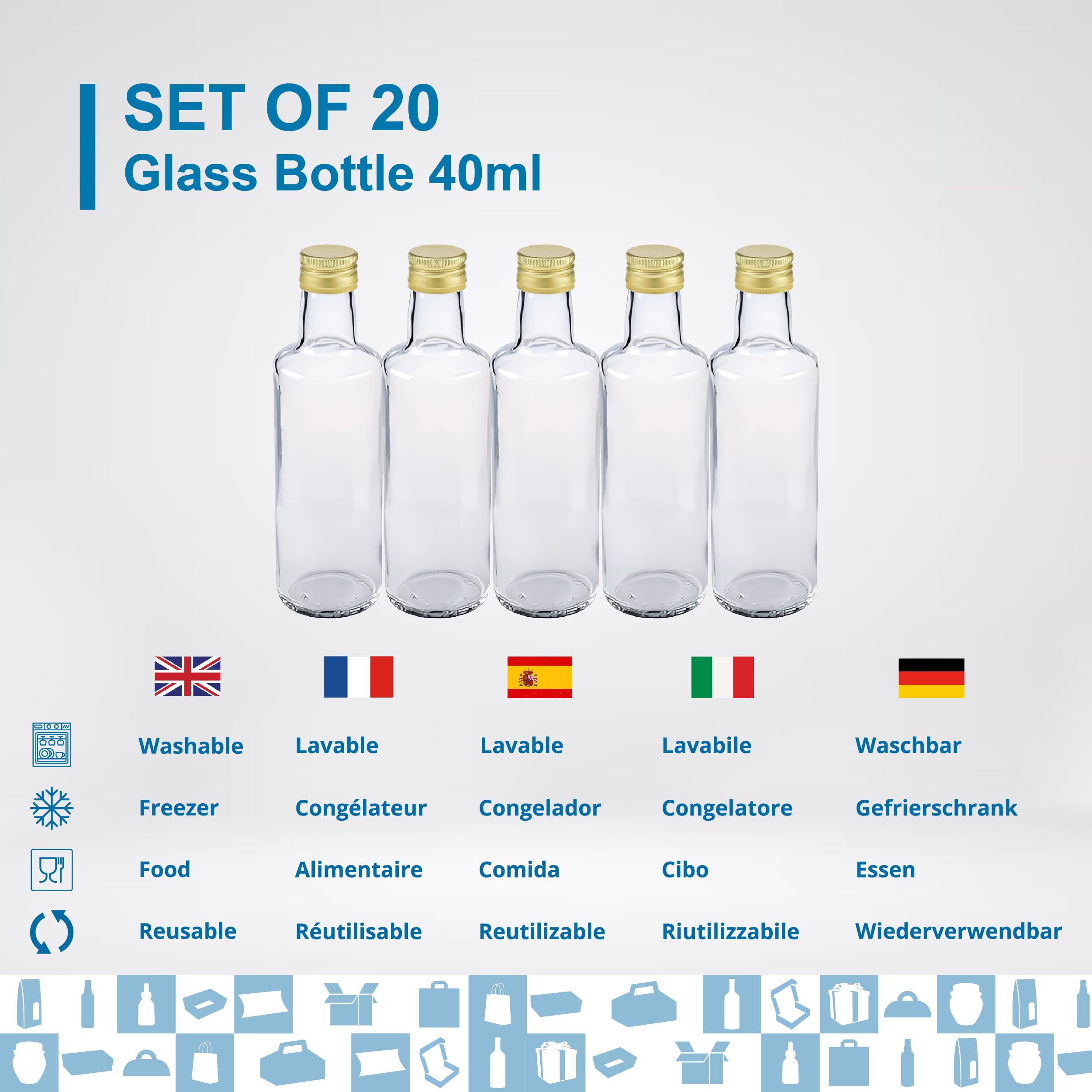 20 Mini Botellas de Vidrio de 40ml con Tapón de Rosca Dorado | Miniaturas de Alcohol de 4cl, Pequeños Frascos para Muestras | Ideal para Regalos, Bodas