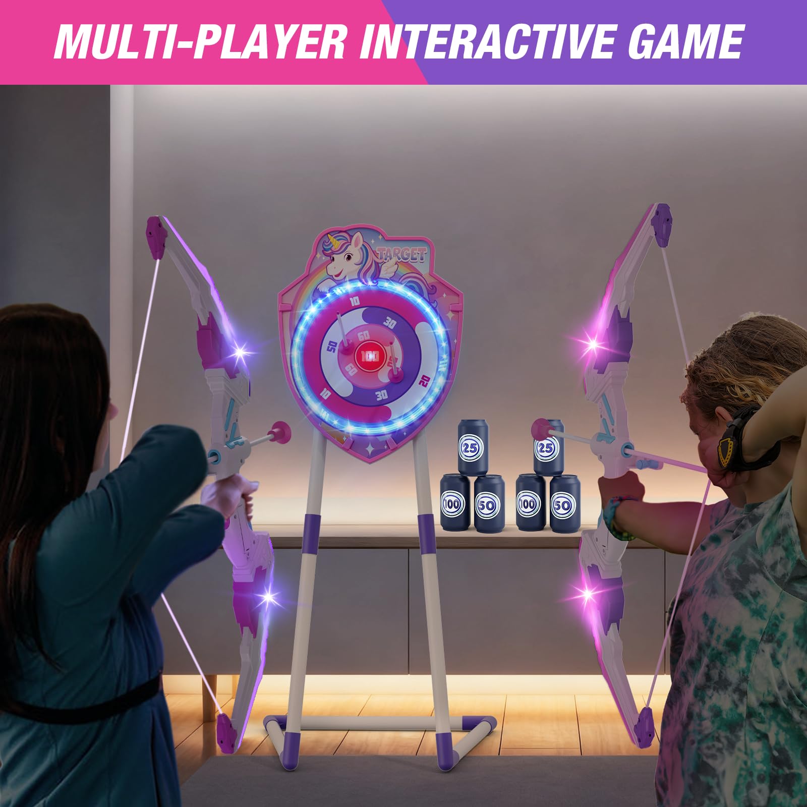 HYES 2 Pack Arrow and Bow for Kids, LED Light Unicorn Archery Set with Suction Cup Arrows, Standing Glow Target, Score Targets, Quivers, Indoor Outdoor Toys Gifts for Boys Girls