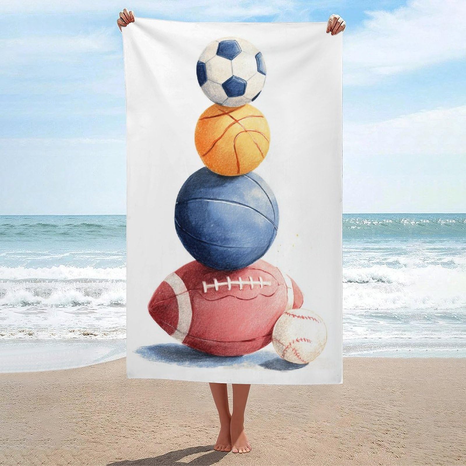 asbwuo Sports Balls Stacked Football Basketballs Beach Towel