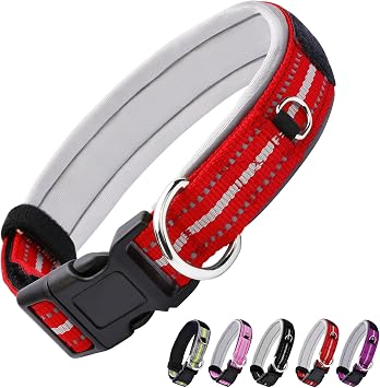 Hikiko Reflective Dog Collar Soft Neoprene Padded Breathable Adjustable Nylon Dog Collars for Large Dogs, Red