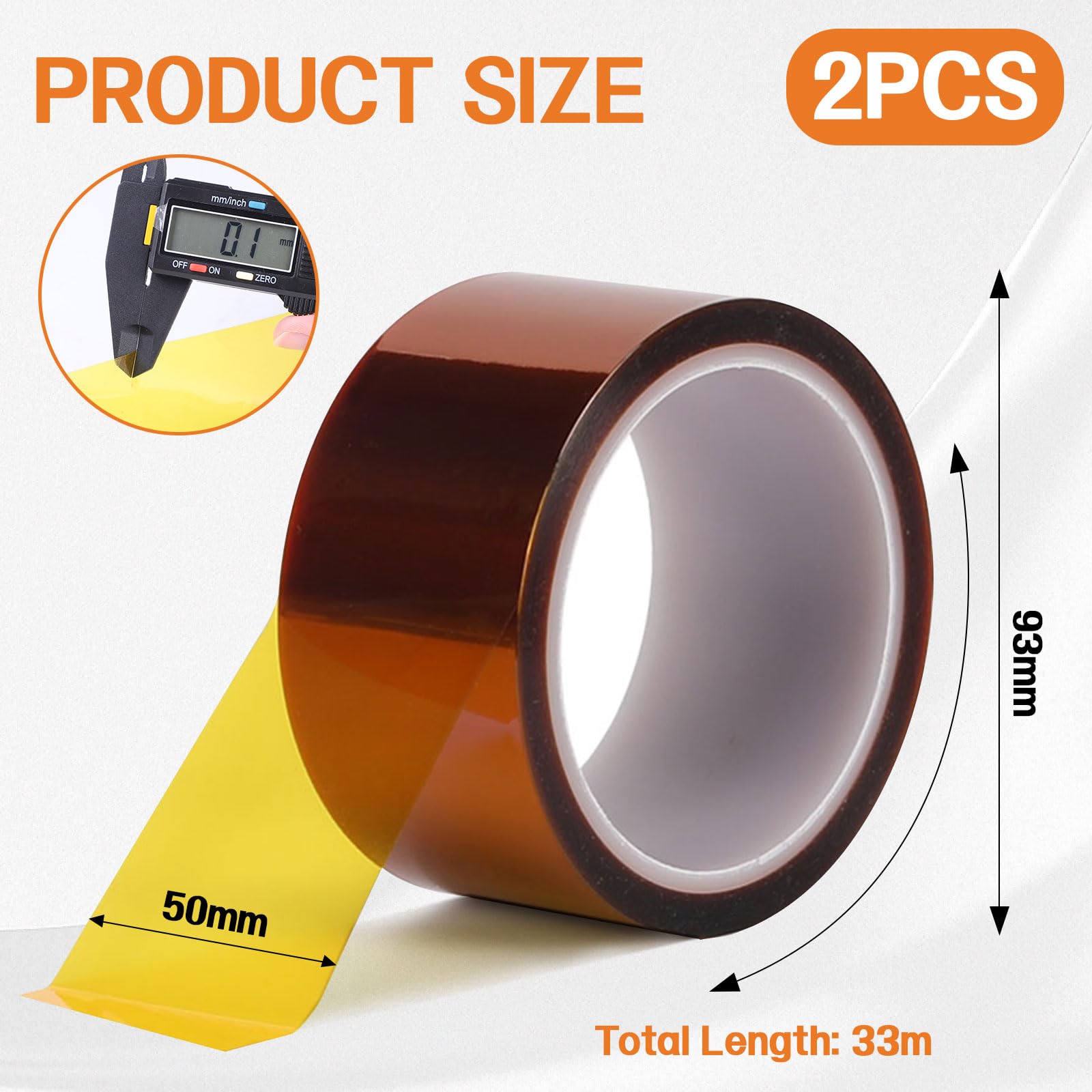 EXLECO 2 Rollos Cinta Termica Sublimacion Dorado 50mm x 33m, Cinta Adhesiva de Alta Temperatura Cinta Kapton Polyimide Resistente al Calor sin Residuos para Impresión Electrónica, Enmascarar, Soldar