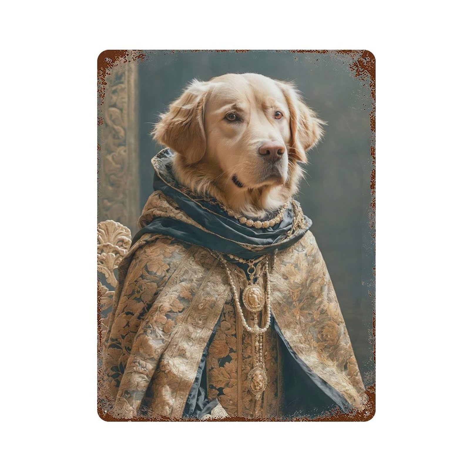Golden Retriever in Royal Attire 15.7"x11.8" Distressed Metal Wall Sign, Shabby Chic Decor for Shed, Workshop And Garage Wall Decor