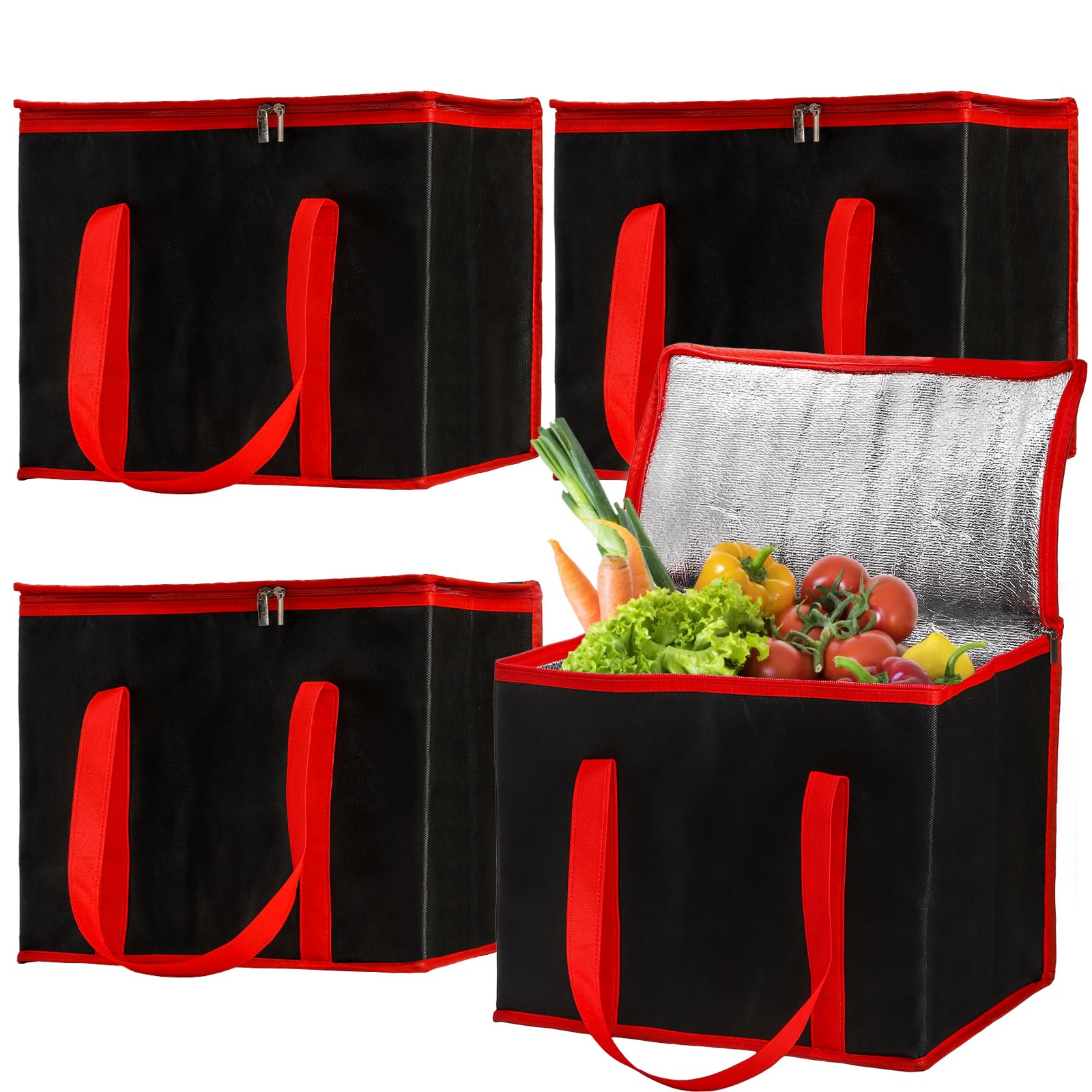 Cididu Paquete de 4 bolsas de compras reutilizables aisladas para comestibles, bolsa térmica extragrande y calentador de alimentos, bolsas plegables para entrega de pizza, bolsas enfriadoras con parte