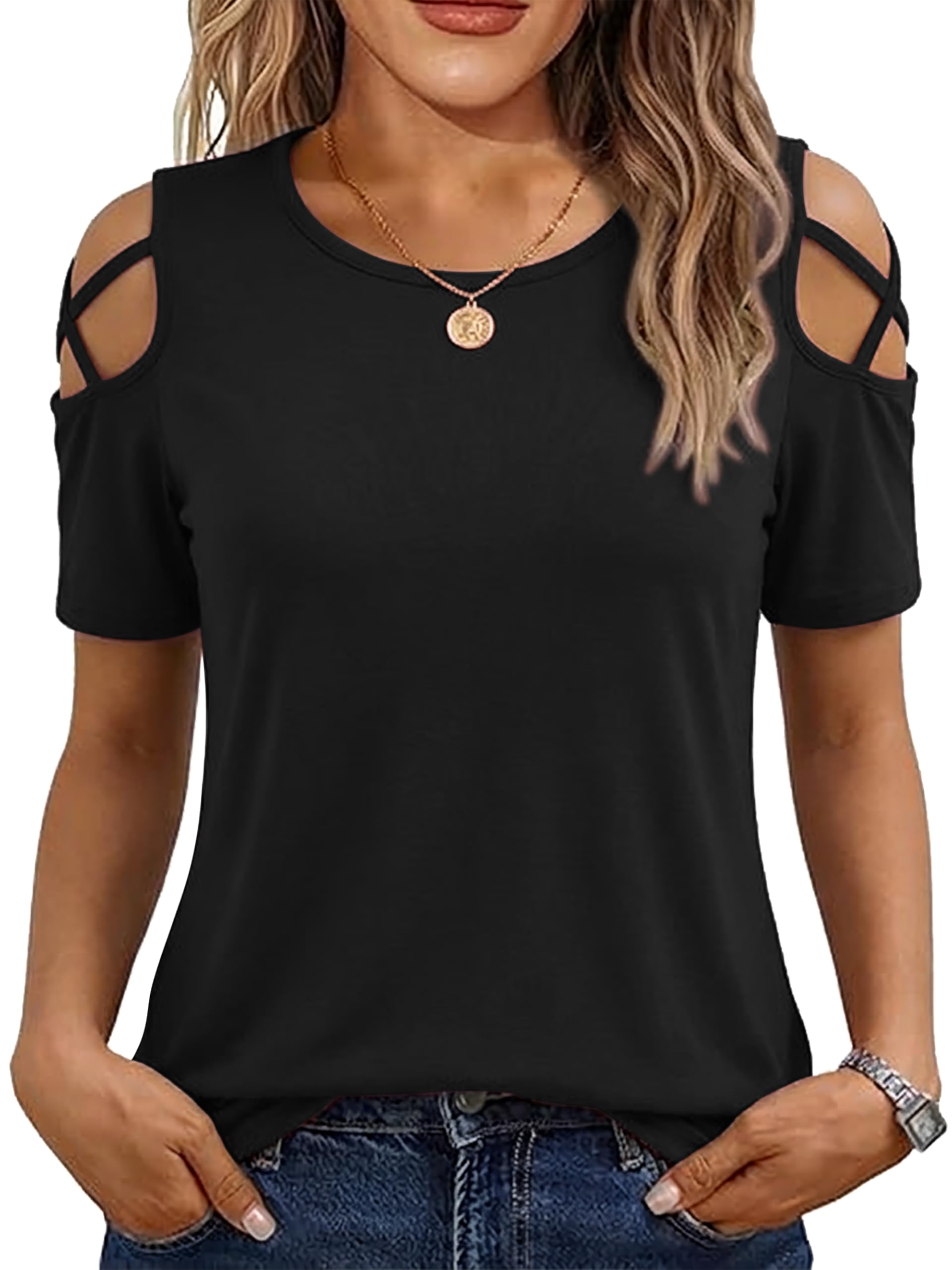 Jar of Love Womens Short Sleeve Cold Shoudler Tops T-Shirts for Women Spring Summer Tops Loose Fit Tunic