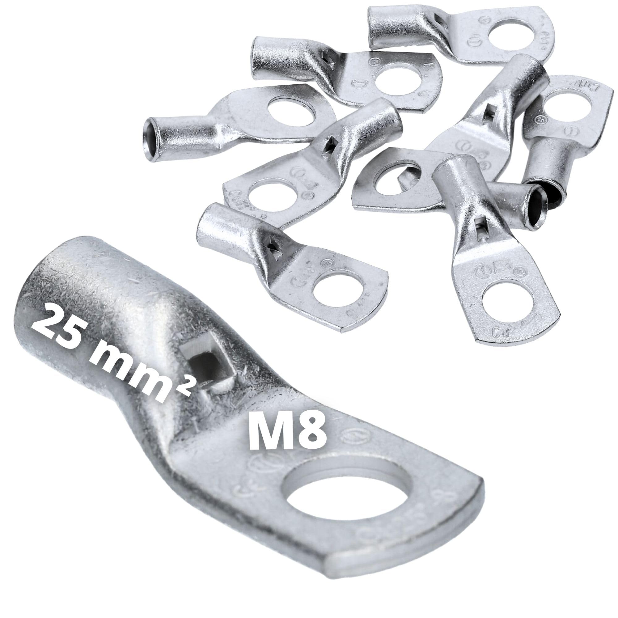 Kalitec Cembre A5-M8 10x Cosses Tubulaires 25 mm² M8 en Cuivre Étamé | Connecteurs de câbles non isolés avec fenêtre de contrôle pour installations électriques, industrie et secteur automobile.