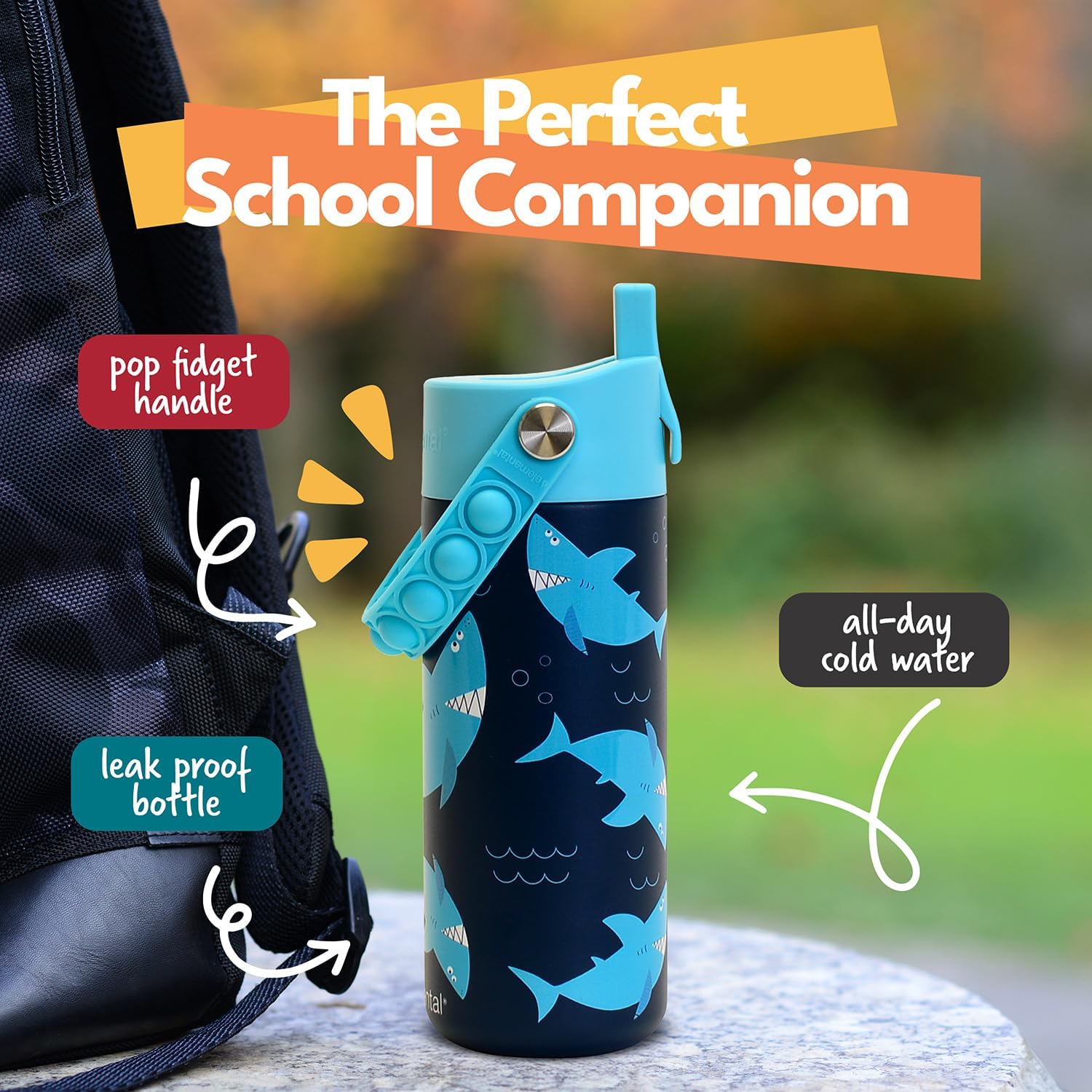 Elemental Insulated Kids Water Bottle, Stainless Steel Water Bottle with Straw Lid & Pop-It Handle, Leak-Proof Water Bottles for School, Boys or Girls, Travelling and Sports, 18oz - Sharks Ahoy - Image 8