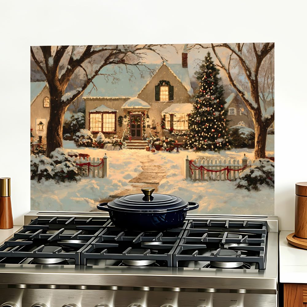 Snowy Christmas House Backsplash Peel and Stick, 35.4x23.6 in