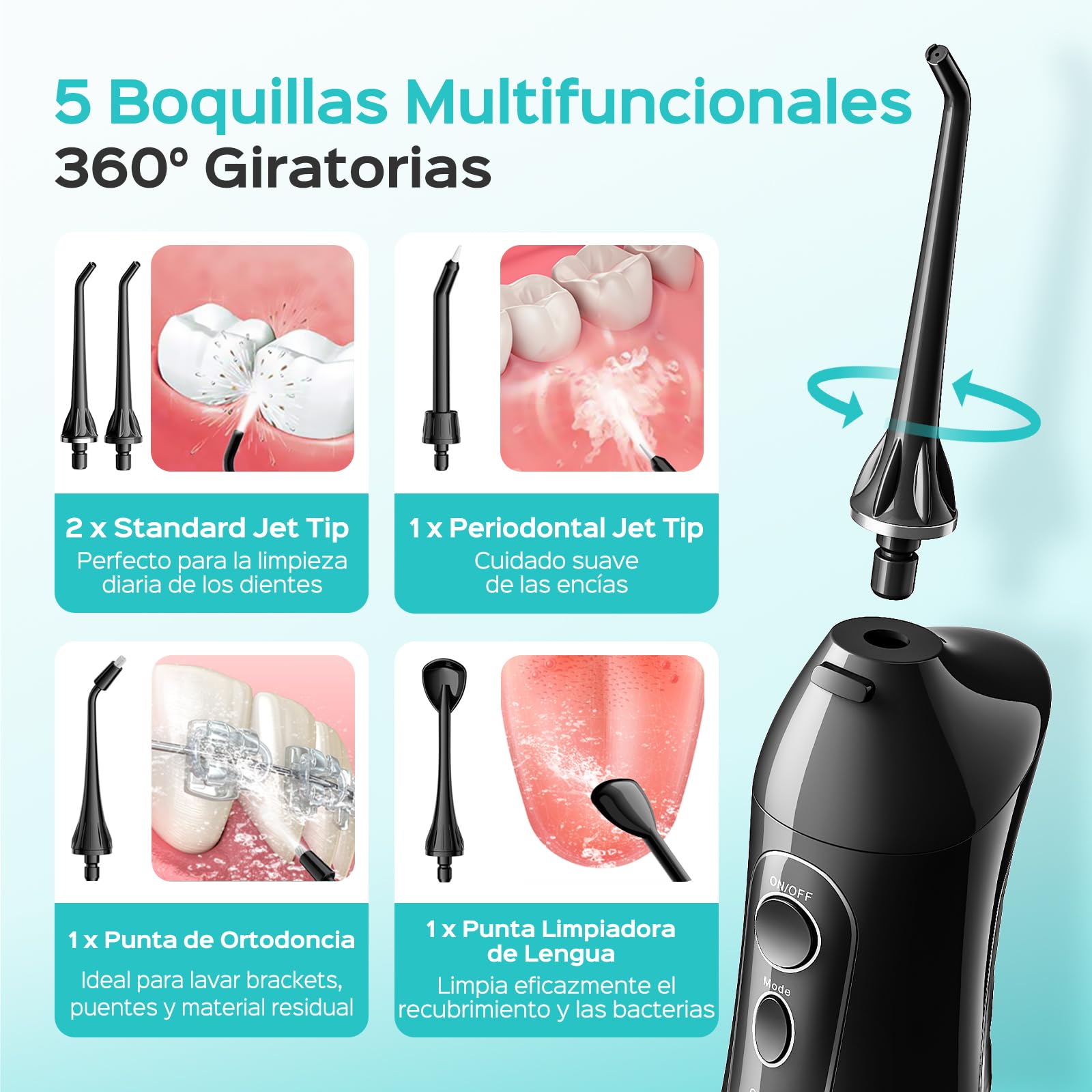 COSLUS C20 Irrigador Bucal Portatil Flosser: 300ML Irrigador Dental Inalámbrico de Riego para Limpieza Dental Doble chorro de agua IPX7 Impermeable Limpieza Diente Para Hogar baño y los Viajes Negro