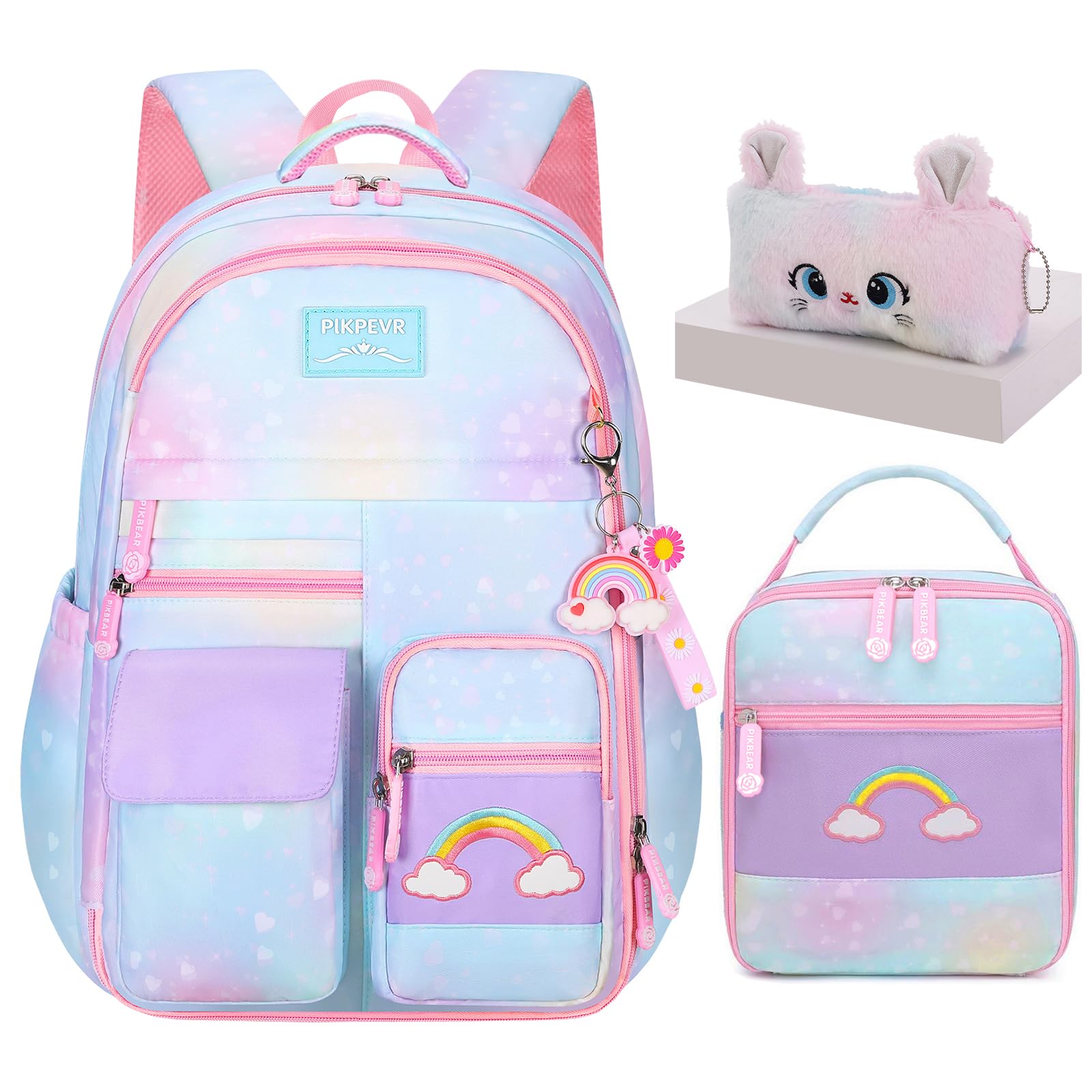 Jcobvig 3Pcs Kids Backpack For Girls,Cute Rainbow Student School Backpack With Lunch Bag Pen Bag Set (Blue Medium 16.5in