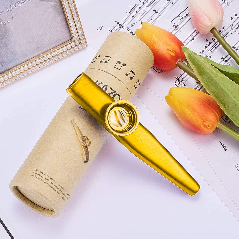 WANDIC Kazoo Alliage d'aluminium doré avec 3 membranes de flûte Diaphragme Bouche Kazoos Instruments de musique avec Boîte-Cadeau Vintage