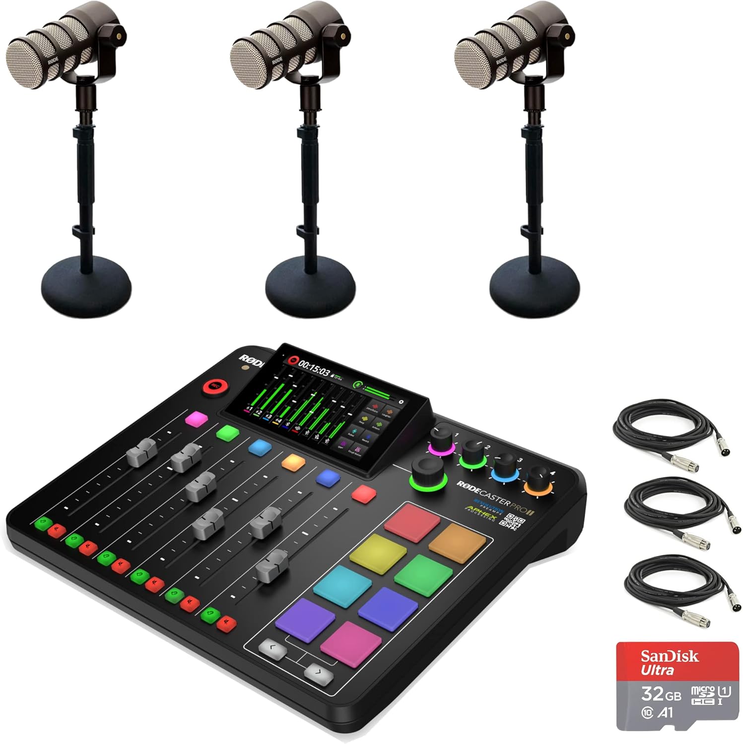 Rode RODECaster Pro II Integrated Audio Production Console with 3x Rode PodMic Dynamic Podcasting Microphones, DS1 Desktop Mic Stands, 32GB microSD Card, XLR Cables and StreamEye Cloth