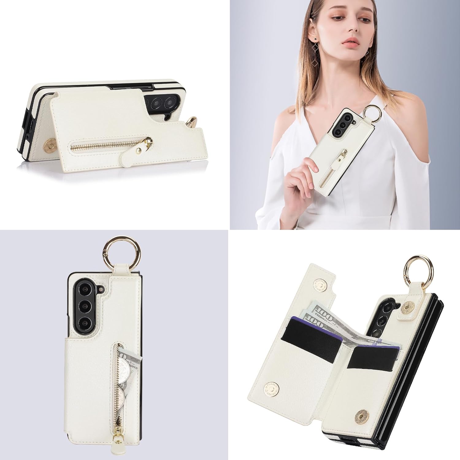 for Samsung Galaxy Z Fold 7 Wallet Case with Zipper and Credit Card Holder, Cash Slot, Front Tempered Glass Screen Protector & Reinforced Frame Protective Cover.(White)