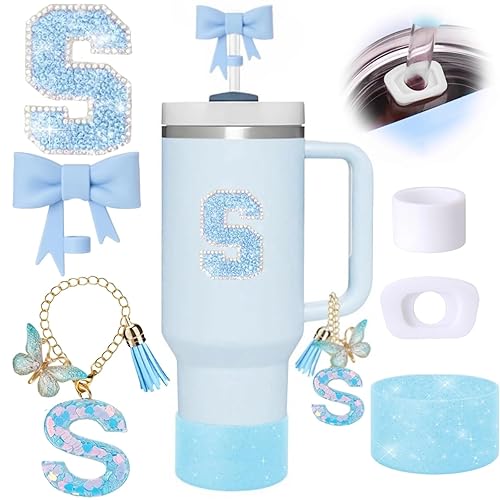 6pcs Blue Stanley Cup Accessories Set, Bow Straw Topper for Stanley Cup 30oz 40oz, Including Straw Topper and Sparkly Silicone Boot, Stoppers Spill Proof, Handle Charm, Initials Sticker - S