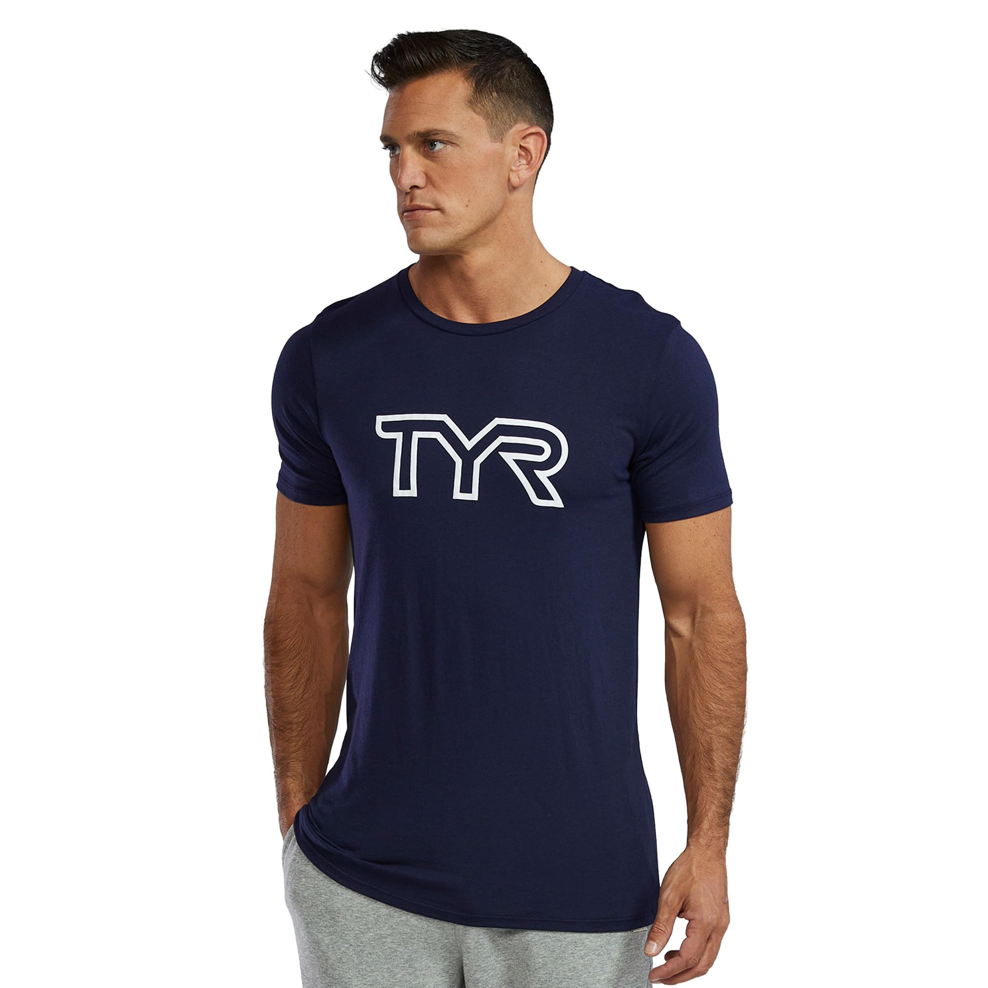 TYR Unisex Ultrasoft lekka koszulka z krótkim rękawem z dużym logo Tech Tri Lg UX, granatowa, M, granatowy, M