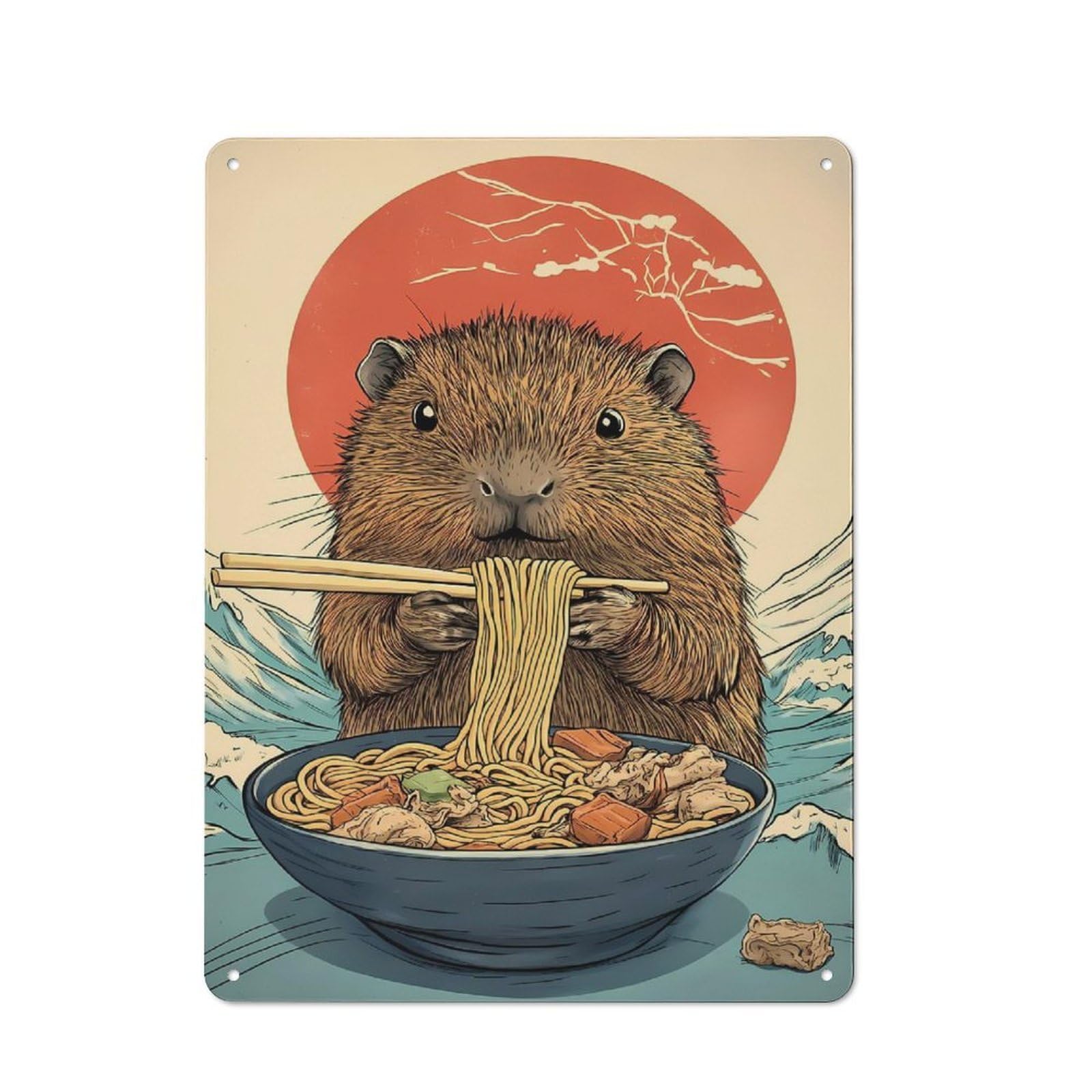 Junmoney Ramen Eating Hamster Capibara For Kitchen Or Home Bar, Retro-Style Metal Sign 40X30cm, For Cooler-Month Interiors With Retro Character